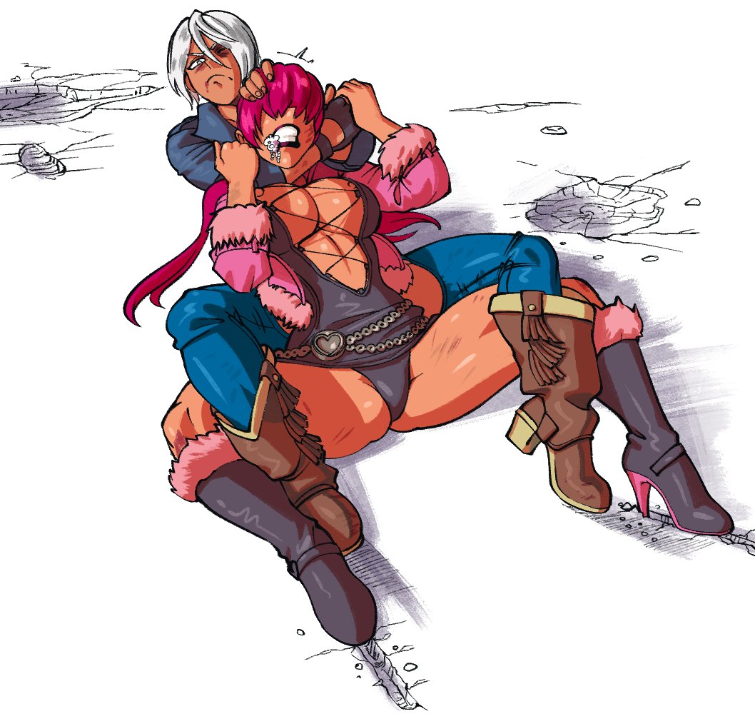 2girls angel_(kof) battle black_footwear black_panties boots breasts brown_footwear bruise bruised_eye catfight chaps clenched_teeth cowboy_boots crater cropped_jacket female female_only fight gutsbro14 high_heel_boots high_heels jacket king_of_fighters king_of_fighters_xv laces large_breasts leather leather_jacket lips multiple_girls panties pink_jacket rear_naked_choke red_hair shermie_(kof) short_hair simple_background spread_legs struggling teeth underwear white_hair