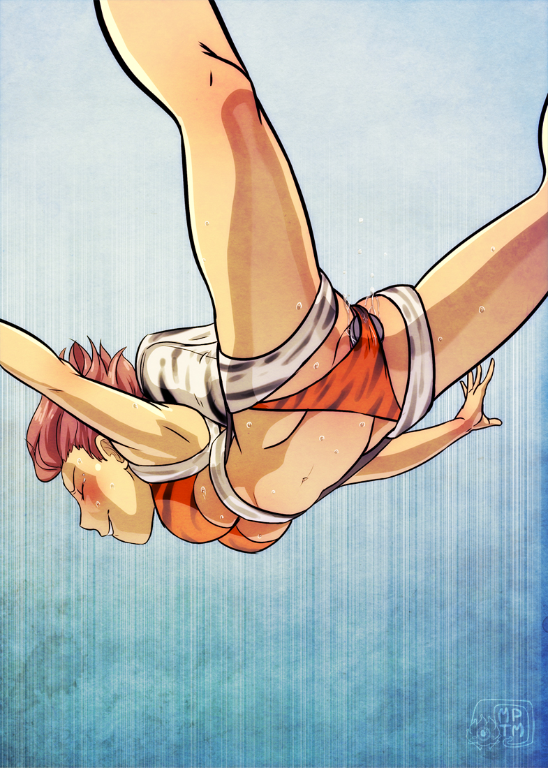 bikini, blush, dildo, falling, female, harness, masturbation, my pet tentacle monster, original, parachute, pink hair, pussy, pussy juice, skydiving, solo, tiger stripes, vibrator