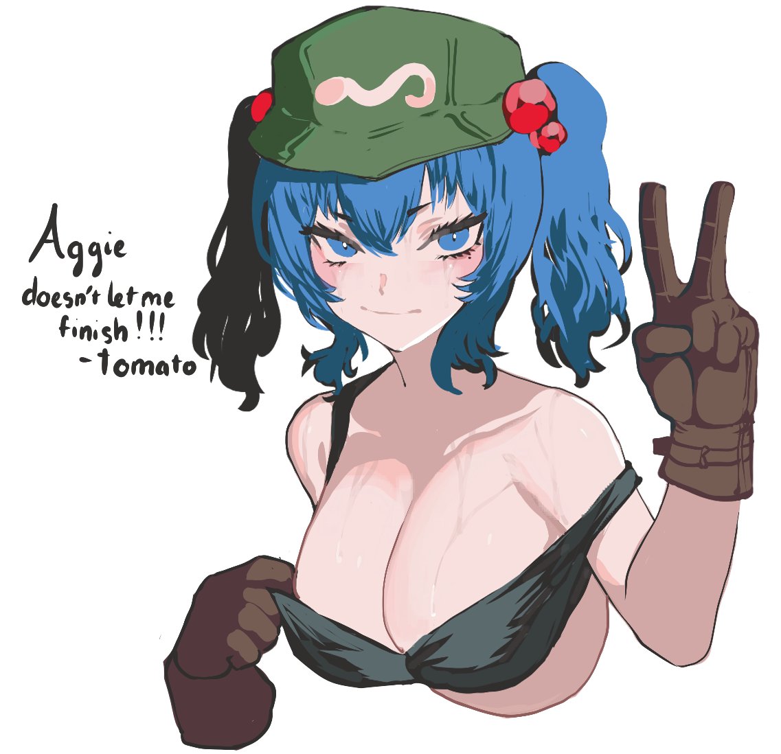 1girls big_breasts blue_eyes blue_hair breasts cap cleavage english_text gloves hat light-skinned_female nitori_kawashiro solo solo_female text tomatolover16 touhou twintails white_background