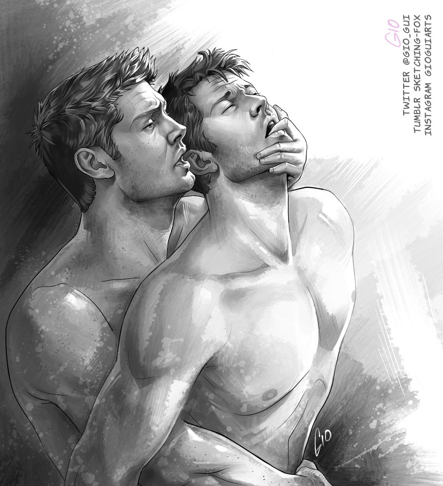 2boys abs angel artist_signature bara biceps black_and_white castiel castiel_(supernatural) closed_eyes dark_hair dean_winchester duo finger_in_mouth freckles gay gay_anal gay_sex gio_gui holding_partner human implied_anal implied_penetration jensen_ackles light-skinned_male light_skin looking_at_partner looking_pleasured male male/male male_only male_penetrated male_penetrating male_penetrating_male misha_collins monochrome muscles muscular muscular_male nipples no_visible_genitalia open_mouth pecs sex shirtless shirtless_male supernatural_(series) yaoi