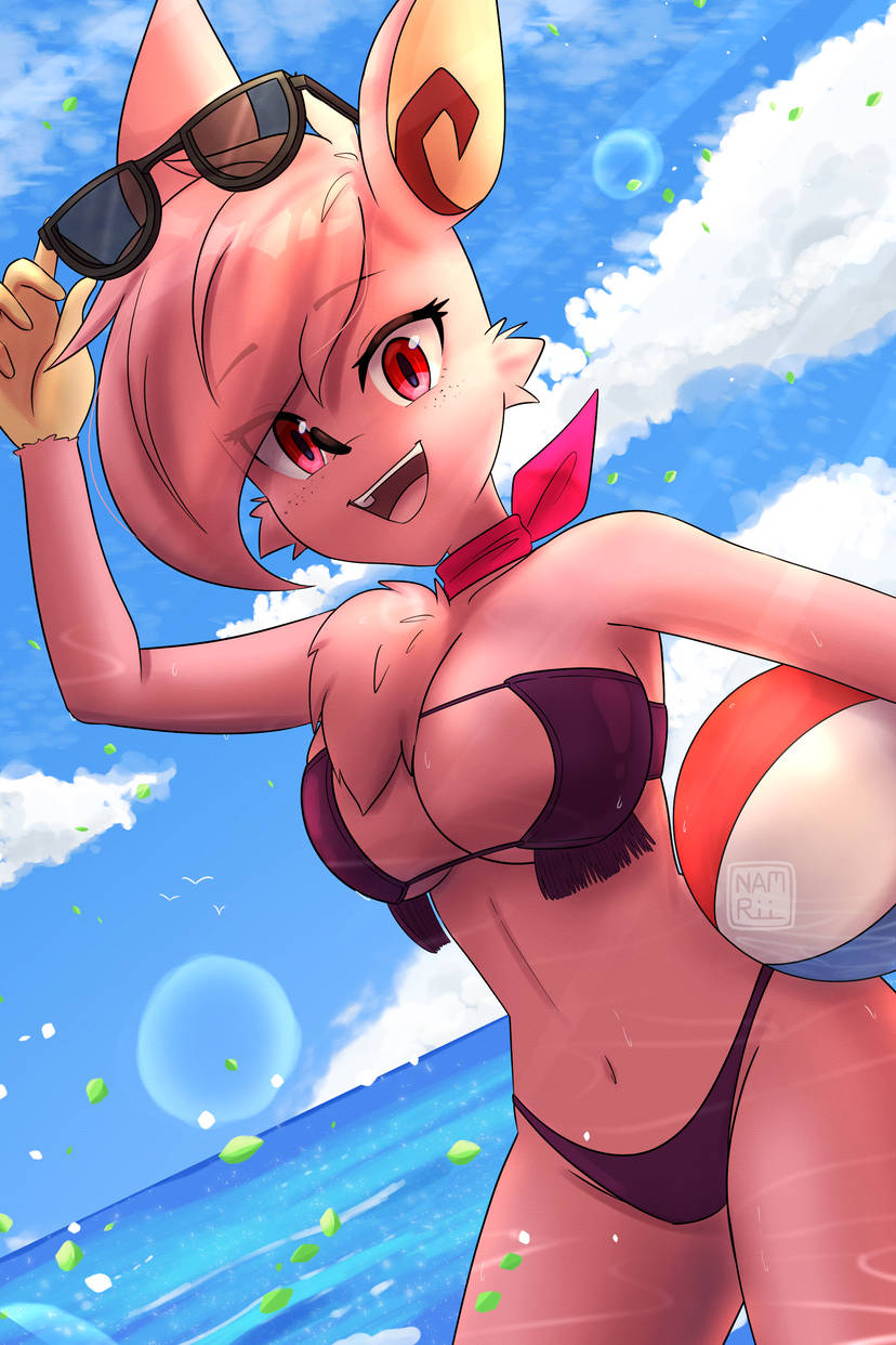 beach bikini fur jamoart large_breasts mathilda_jade namrii_ oc pink_fur tagme water