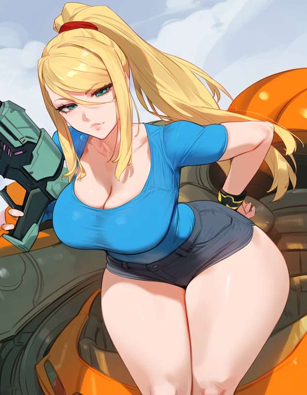 1girls, ai generated, big breasts, bimbo, blonde hair, breasts, cleavage, female, female focus, female only, fully clothed, green eyes, light skin, light-skinned female, lucyla, metroid, nintendo, samus aran, solo, thick thighs, top heavy