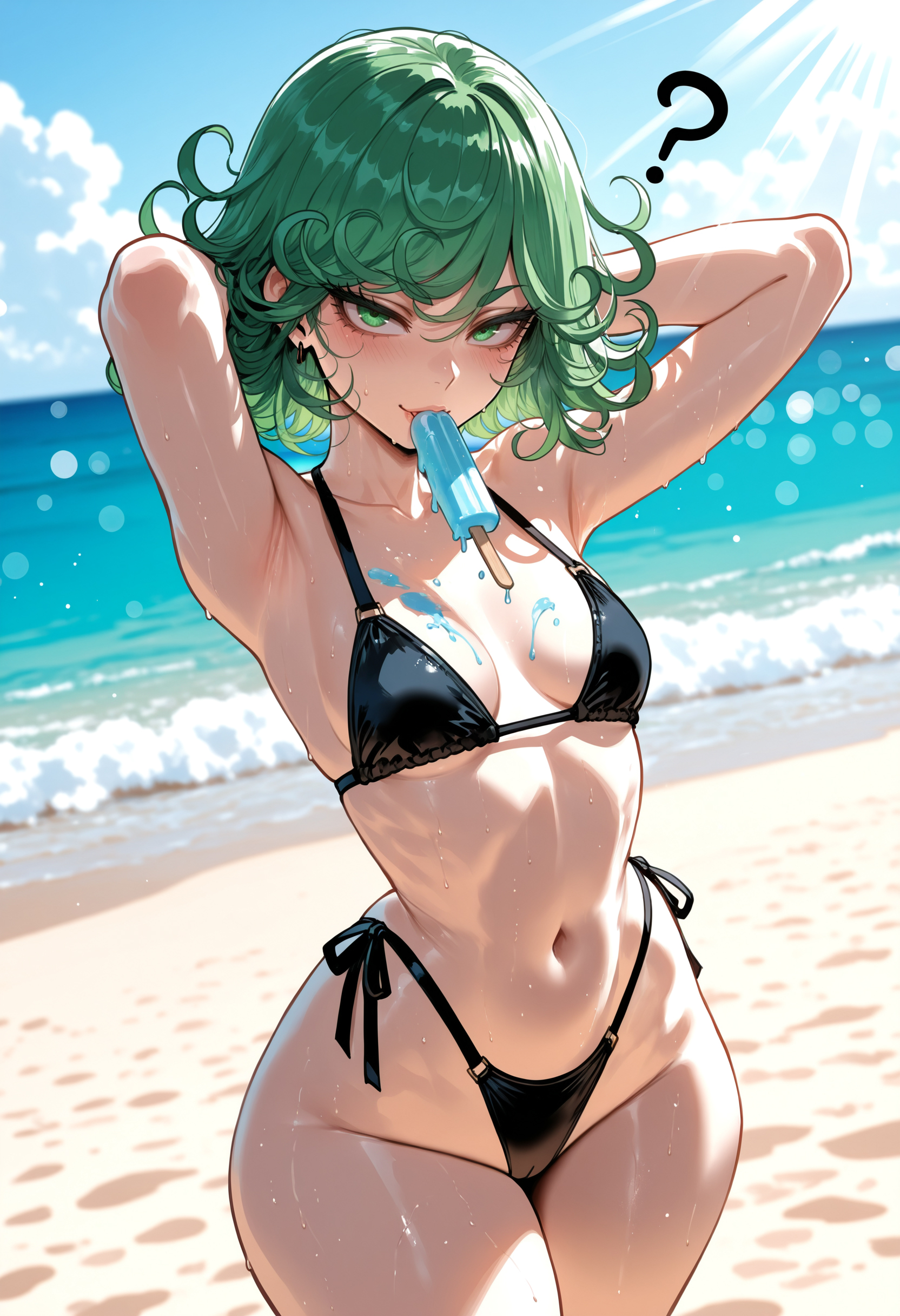 ai generated, beach, beach background, big ass, big butt, big thighs, bikini, black bikini, cute, green eyes, green hair, hot, huge ass, huge butt, huge thighs, lifting, miyuai, one-punch man, sexy, sexy body, tatsumaki, thick, thick ass, thick butt, thick legs, thick thighs