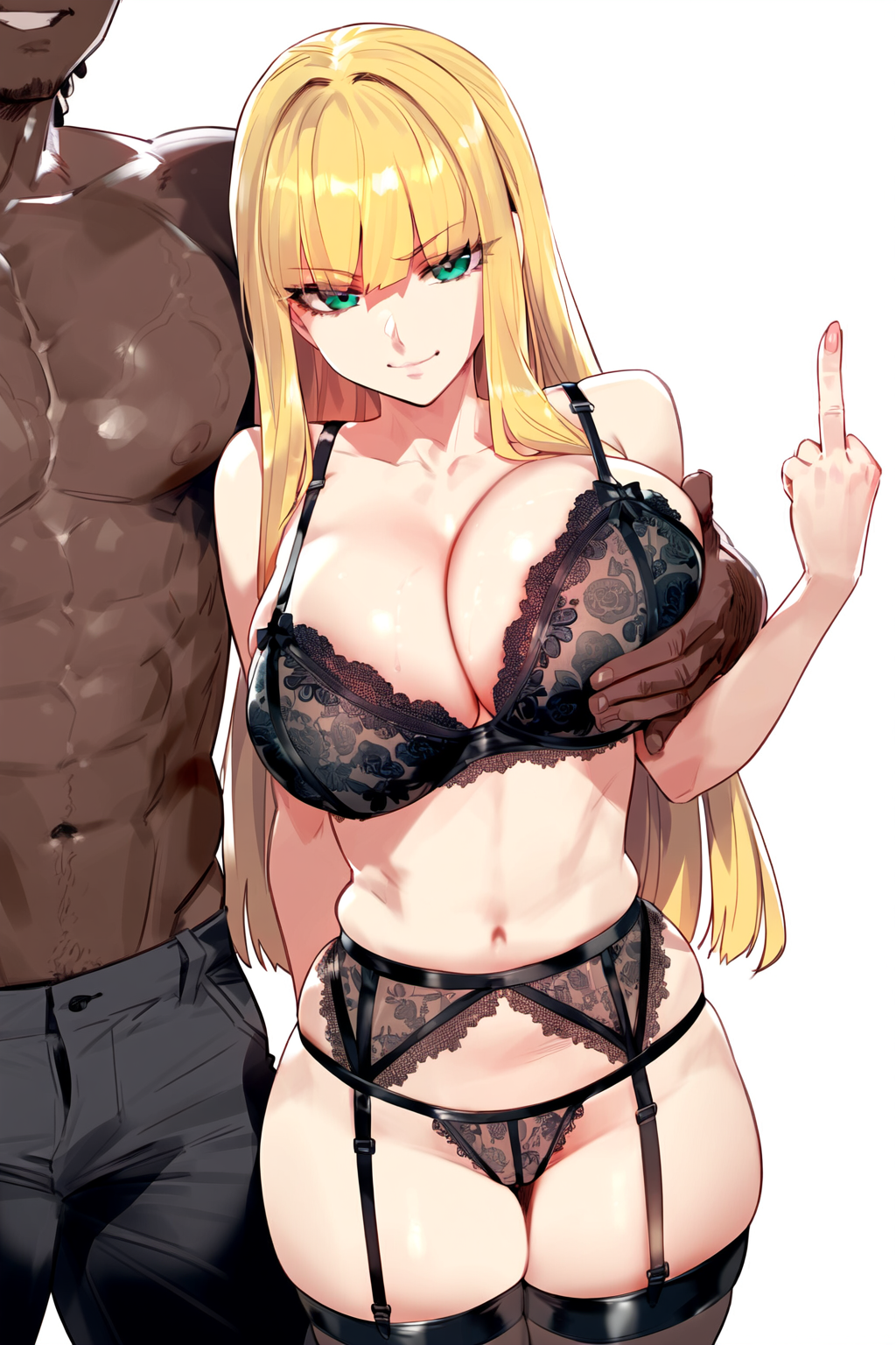 1girls ai_generated arrogant bimbo blonde_hair dark-skinned_male huge_breasts huge_cock interracial middle_finger noirprincess princess_anastasia