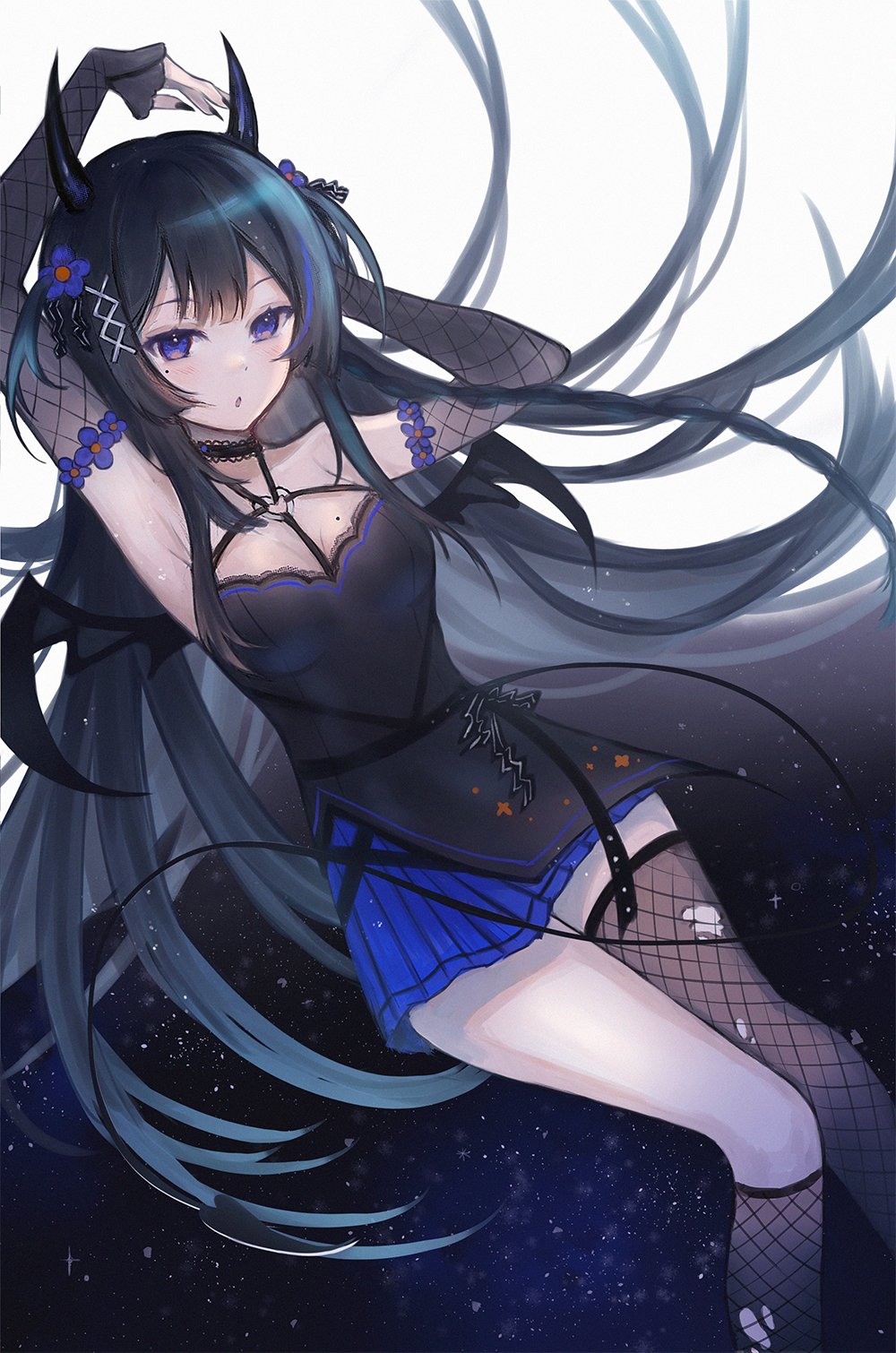 1girl arms_up bangs bare_shoulders black_dress black_gloves black_hair blue_eyes blush breasts bunny_girl cleavage criss-cross_halter devil_horns devil_wings dress elbow_gloves eyebrows_visible_through_hair female fishnet_legwear fishnets gloves hair_ornament horns long_hair looking_at_viewer medium_breasts mole multicolored_hair parted_lips purple_hair single_thighhigh sleeveless sleeveless_dress solo streaked_hair thigh_strap thighhighs very_long_hair virtual_youtuber vyugen yenko