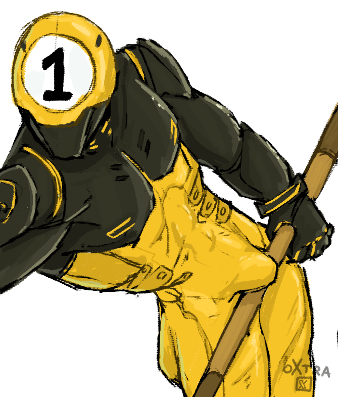 1-ball_(fortnite) 5_fingers animate_inanimate anthro armor ass ball billiard_ball bulge cue_stick epic_games faceless fingers fortnite fortnite:_battle_royale headgear helmet humanoid looking_at_viewer machine male muscular muscular_anthro muscular_male oxtra pool robot robot_humanoid solo yellow_body yellow_jumpsuit