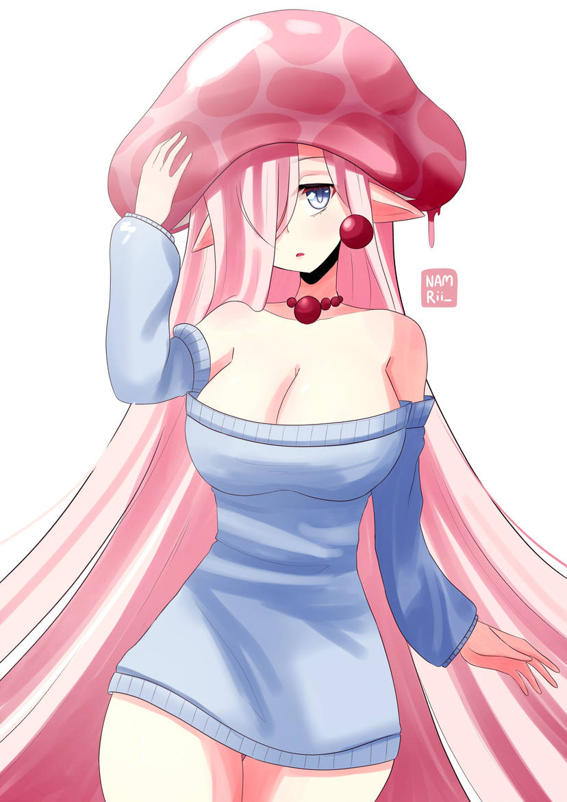 big_breasts elf elf_ears female female_only hat large_breasts mushroom_hat namrii_ oc pink_hair tagme virgin_killer_sweater