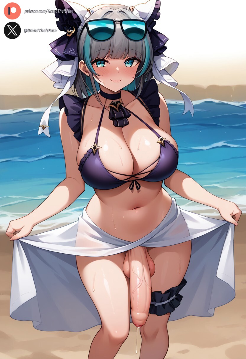 1futa ai_generated azur_lane balls beach big_breasts big_penis blue_eyes blush cheshire_(azur_lane) clothed cock dickgirl flaccid foreskin futa_only futanari gray_hair huge_cock large_breasts light-skinned_futanari light_skin looking_at_viewer outdoors penis precum roxygtf short_hair solo standing sweat sweating sweaty_body