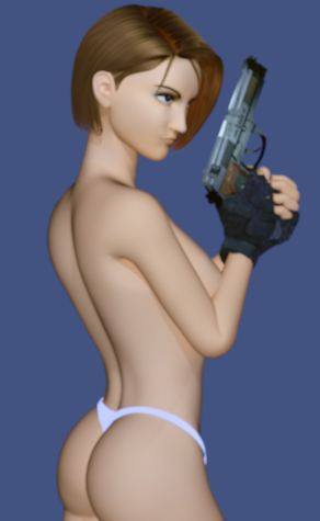 1girls 3d artist_request ass biohazard blue_background blue_eyes brown_hair capcom feet_out_of_frame female female_only fingerless_gloves firearm gloves gun jill_valentine lowres panties panties_only pistol resident_evil short_hair simple_background source_request topless topless_female weapon