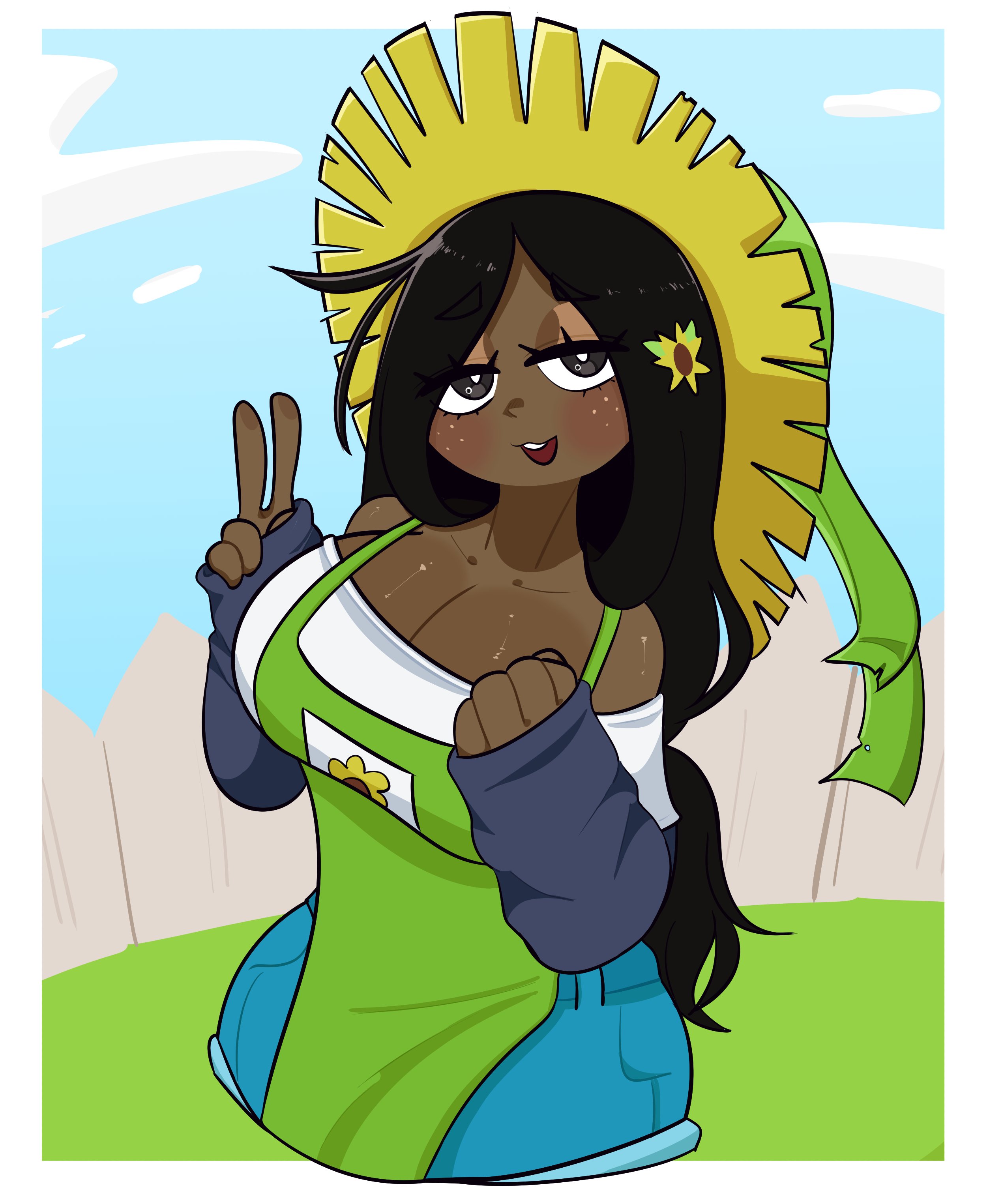 1girls, 2025, apron, big breasts, black eyes, black hair, blue shorts, blue sleeves, blush, breasts, brown skin, brown-skinned female, cleavage, clothed, clothed female, clothing, clouds, collarbone, dark skin, dark-skinned female, day, eyebrows, eyebrows visible through hair, eyelashes, female, female only, fence, flower, flower in hair, freckles, freckles on face, fully clothed, fully clothed female, green apron, green hat, hair ornament, hat, humanized, jean shorts, kerbapki, long hair, long sleeves, looking at viewer, nose, off shoulder, off shoulder shirt, open mouth, outdoors, peace sign, penismaster48, plants vs zombies, shirt, shorts, sleeves, smile, solo, straw hat, sunflower (pissgata), sunflower (pvz), teeth, teeth showing, v sign, white shirt, wooden fence