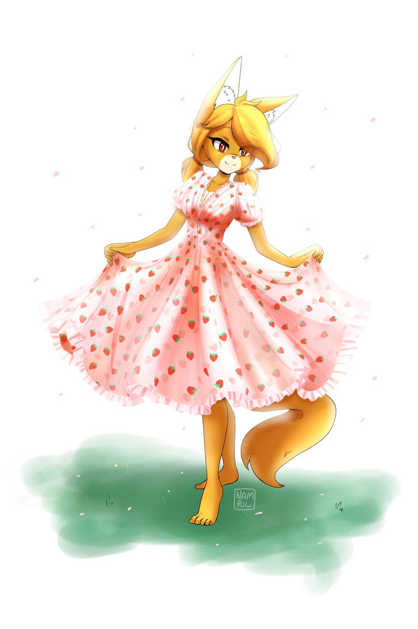 anthro bright_(namrii_) dress ear_tuft female_only fox fox_girl namrii_ oc old_bright_(namrii_) orange_fur pink_dress red_eyes solo solo_female tagme