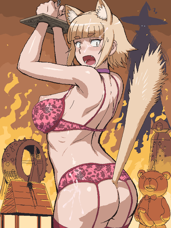 2boys aliasing animal_ears areolae_slip arms_up ass backside blonde_eyebrows blonde_hair bondage bra bra_pull breasts brown_eyes cat_tail chain closed_eyes collar cum_on_ass cum_on_face cute_fang fear fire garter_belt garter_straps gigantic_belly glowing_eyes grin hair hime_cut imminent_gangbang inner_ear_fluff kuraishi_tanpopo lace large_breasts large_penis medium_hair multiple_boys nipple_slip oekaki open_mouth penis pink_bra pink_panties purple_choker raised_tail restrained ribs shiny_skin sideboob smile standing stuffed_animal sweat teddy_bear tenseiani thick_eyebrows tied_arms vein wardrobe_malfunction wide_eyed witch witch_craft_works