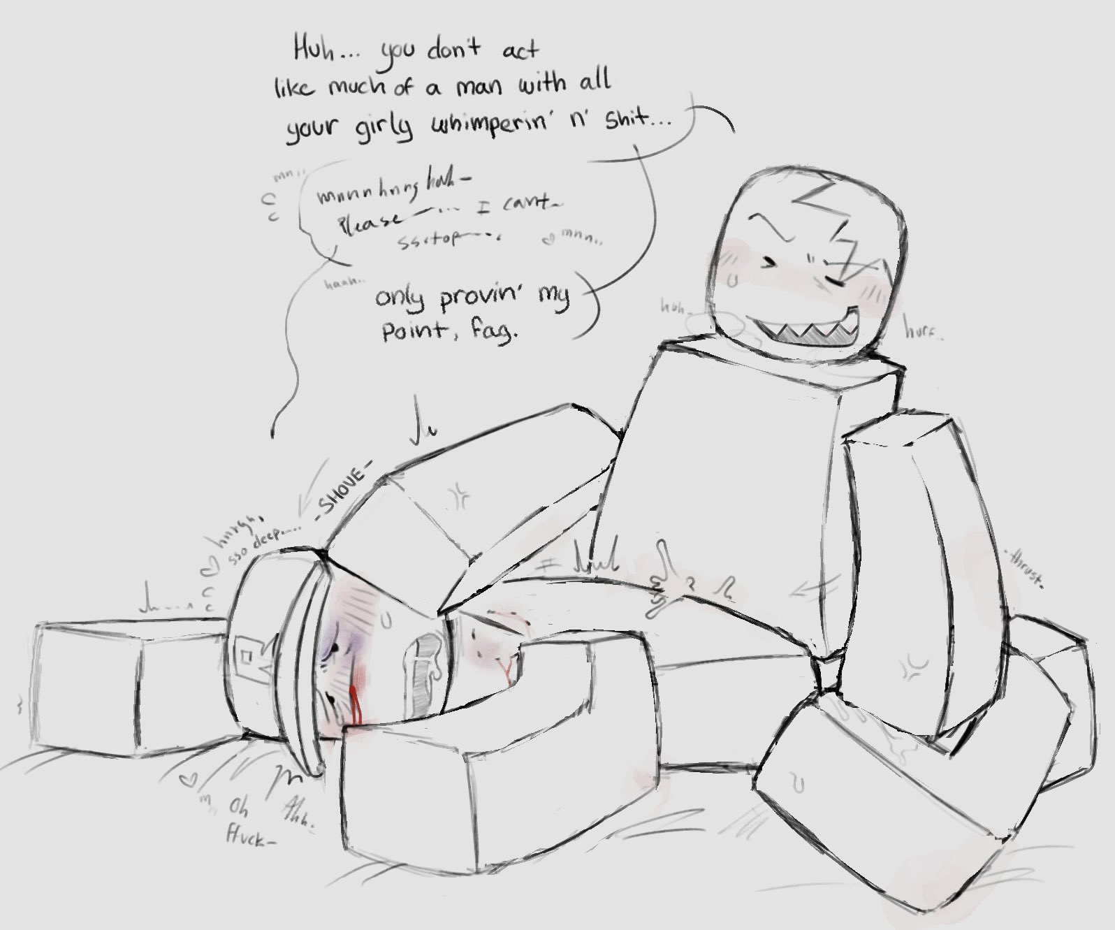 2boys, anal, anal sex, bite mark, blocky body, blood, blush, cum, dialogue, english text, gay, humiliation, killbatos, male, moaning, oc, original character, penetration, questionable consent, roblox, robloxian, sex, sketch, tagme, text