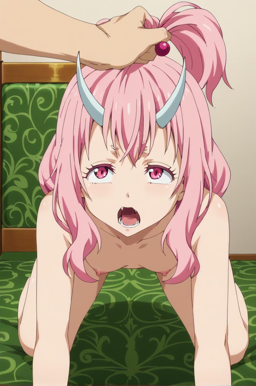 ai generated, all fours, breasts, female, flat chest, grabbing hair, horns, nipples, nude, oni horns, open mouth, petting, pink hair, ponytail, pulling hair, shuna (tensei shitara slime datta ken), small breasts, tensei shitara slime datta ken, that time i got reincarnated as a slime