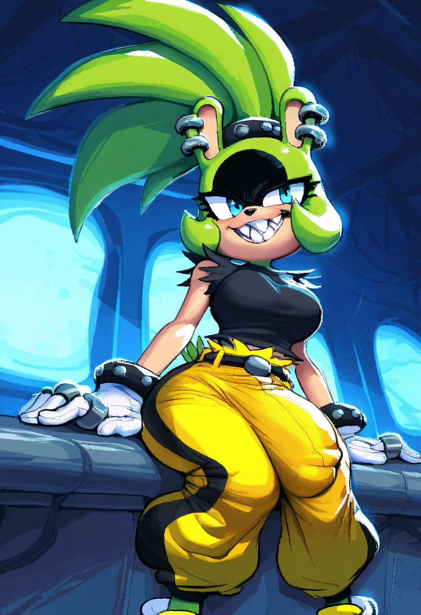 1futa ai_generated baggy_pants blue_eyes bracelet bracelets breasts bulge bulge_through_clothing clothed clothing ear_piercing fully_clothed futa_only futanari gloves green_body mobian_(species) pants pierced_ears piercing solo solo_futa sonic_(series) sonic_the_hedgehog_(idw) sonic_the_hedgehog_(series) surge_the_tenrec tenrec