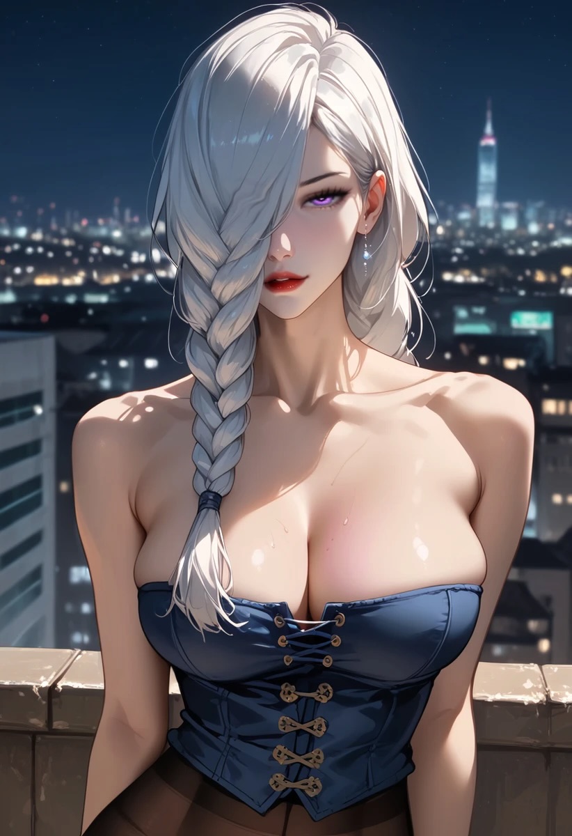 ai_generated balcony beautiful_female big_breasts braided_hair corset dominant_female earring femdom half-closed_eyes huge_breasts jujutsu_kaisen lipstick mansion mei_mei_(jujutsu_kaisen) mommy naughty_face pale-skinned_female plump_lips purple_eyes red_lipstick rich_girl seductive seductive_eyes seductive_look seductive_smile smiling_at_viewer smirk smirking smirking_at_viewer white_hair