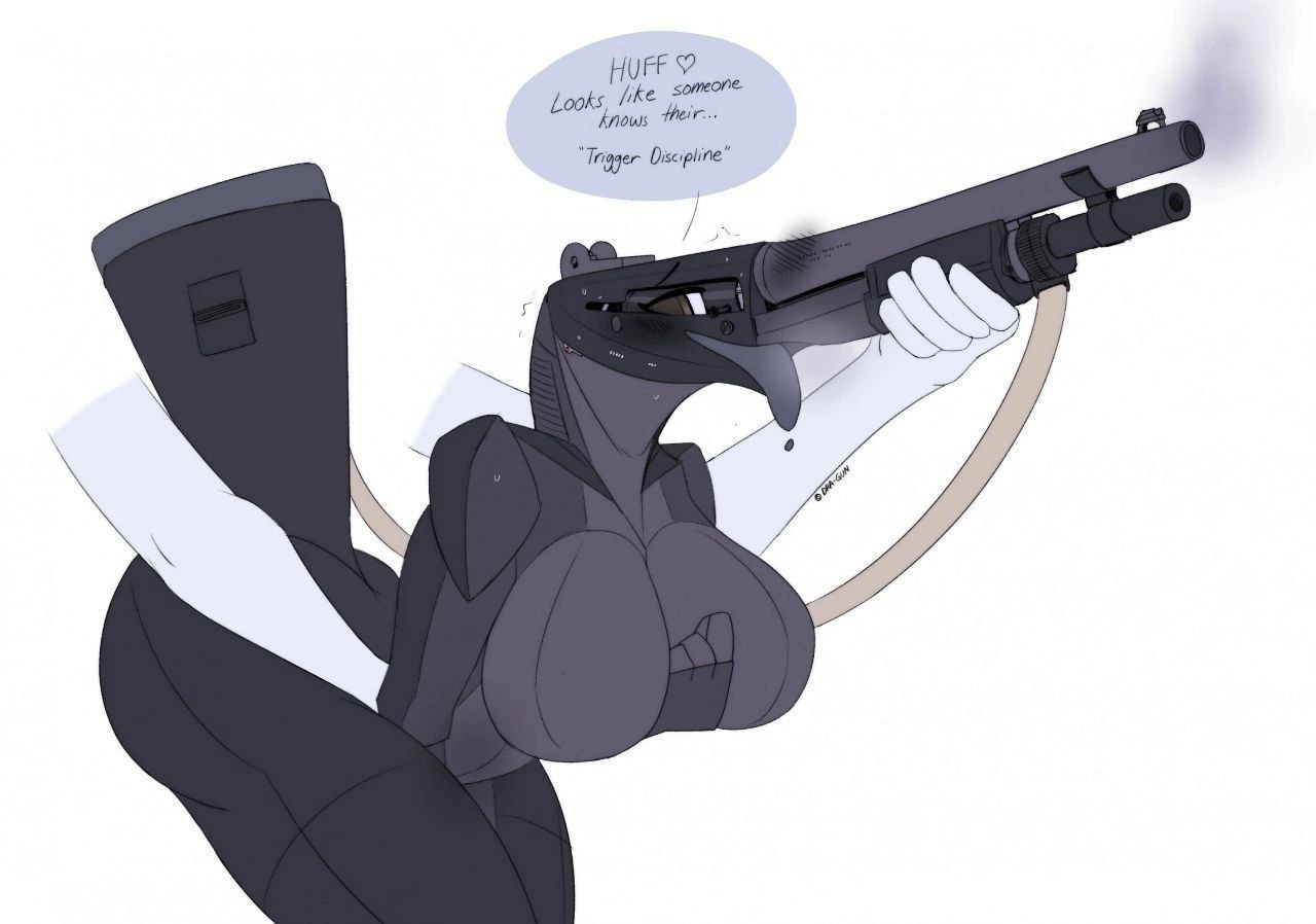 anthro anthrofied big_breasts big_breasts big_breasts dra-gun female grabbing_breasts grabbing_from_behind grabbing_legs grabbing_own_breast gun gunmorph shotgun watermark