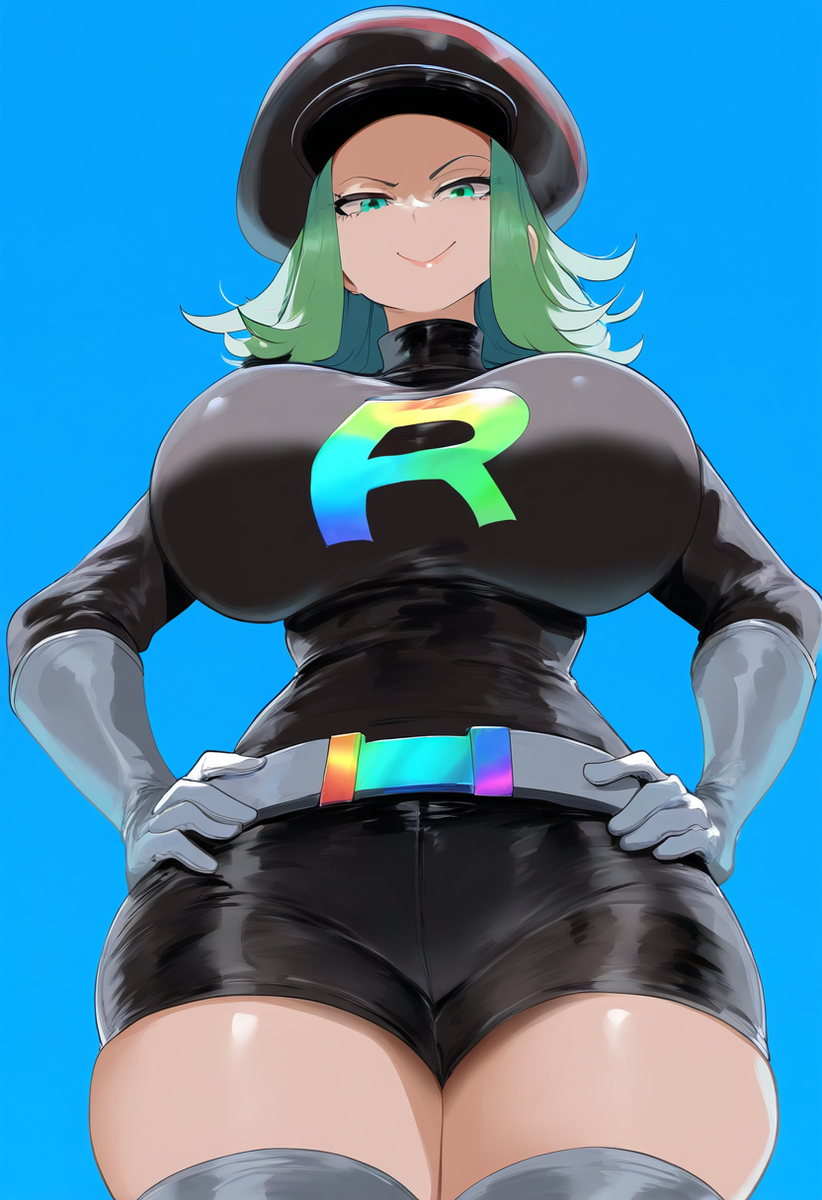 ai_generated ameanon big_breasts gloves green_eyes green_hair hat large_breasts pokemon rainbow_rocket_grunt short_shorts shorts team_rocket thick_thighs thigh_boots tight_clothes tight_clothing tight_fit