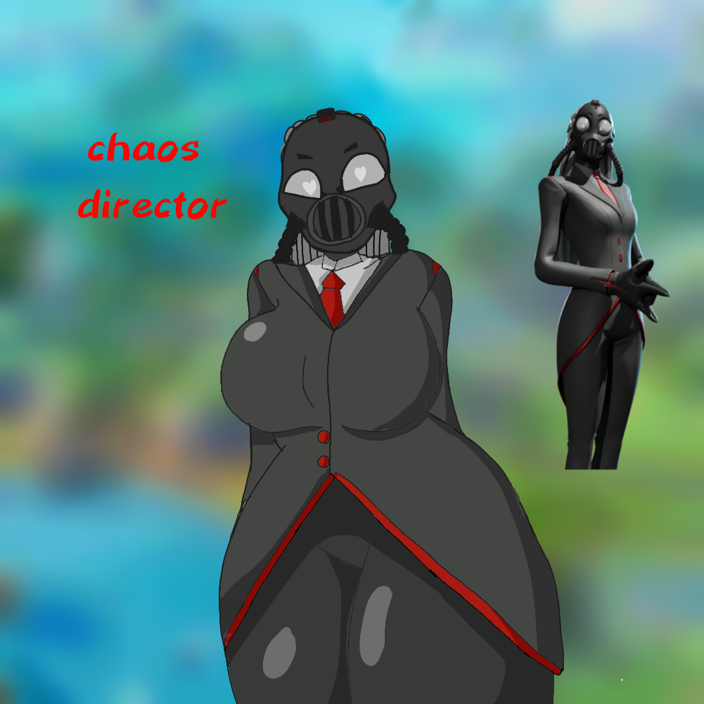 1girls big_breasts blurred_background chaos_director_(fortnite) chubby fortnite fortnite:_battle_royale gas_mask hands_behind_back heart-shaped_pupils reference_image standing thick_thighs