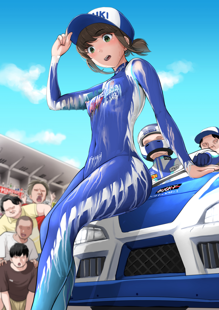 2024 6+boys arm_up baseball_cap blue_hat blue_sky blush bodypaint breasts car commission completely_nude day exhibitionism faceless faceless_male female fubuki_(kancolle) green_eyes hand_on_headwear hat kantai_collection kasu_(kasunohikari) looking_down melting motor_vehicle multiple_boys naked_paint navel nipples nude open_mouth outdoors painted_clothes public_indecency race_queen race_vehicle racecar short_hair short_ponytail sitting skeb_commission sky small_breasts solo_focus