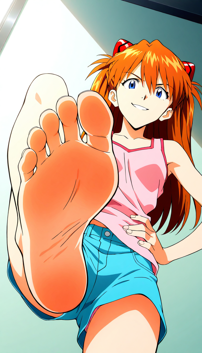 1girls asuka_langley_sohryu barefoot blue_eyes casual confident dominant_female feet feisty foot_fetish foot_focus hand_on_hip happy looking_at_viewer looking_down neon_genesis_evangelion open_smile orange_hair pink_tank_top pov_feet short_shorts shorts smile smiling_at_viewer smug soles standing_on_one_leg stepping_on_viewer stomp stomping tank_top teenage_girl teenager teeth toes tsundere