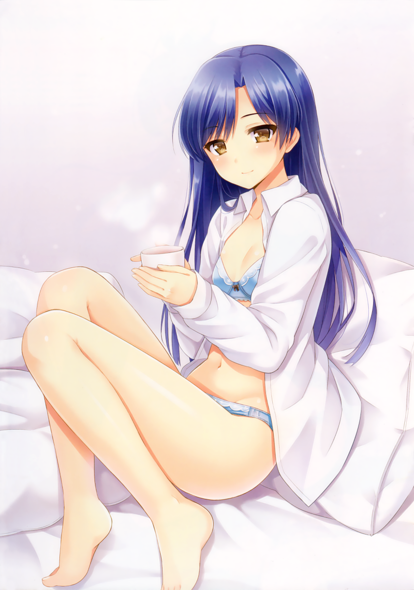 bra breasts idol idolmaster kisaragi_chihaya long_hair panties shirt thighs