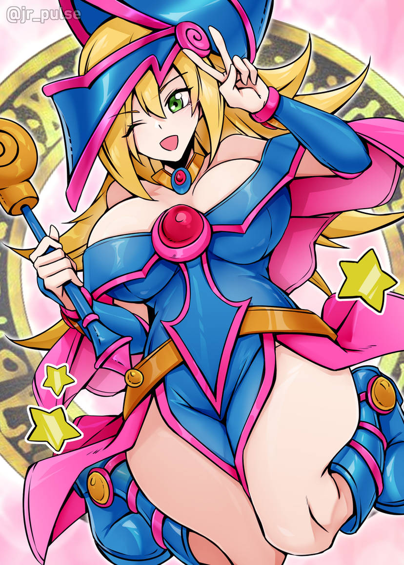 1girls big_breasts blonde_hair blue_footwear cleavage clothing dark_magician_girl duel_monster female female_only green_eyes hi_res jrpuls3 large_breasts long_hair looking_at_viewer peace_sign smiling smiling_at_viewer solo solo_female thick_thighs wink yu-gi-oh!