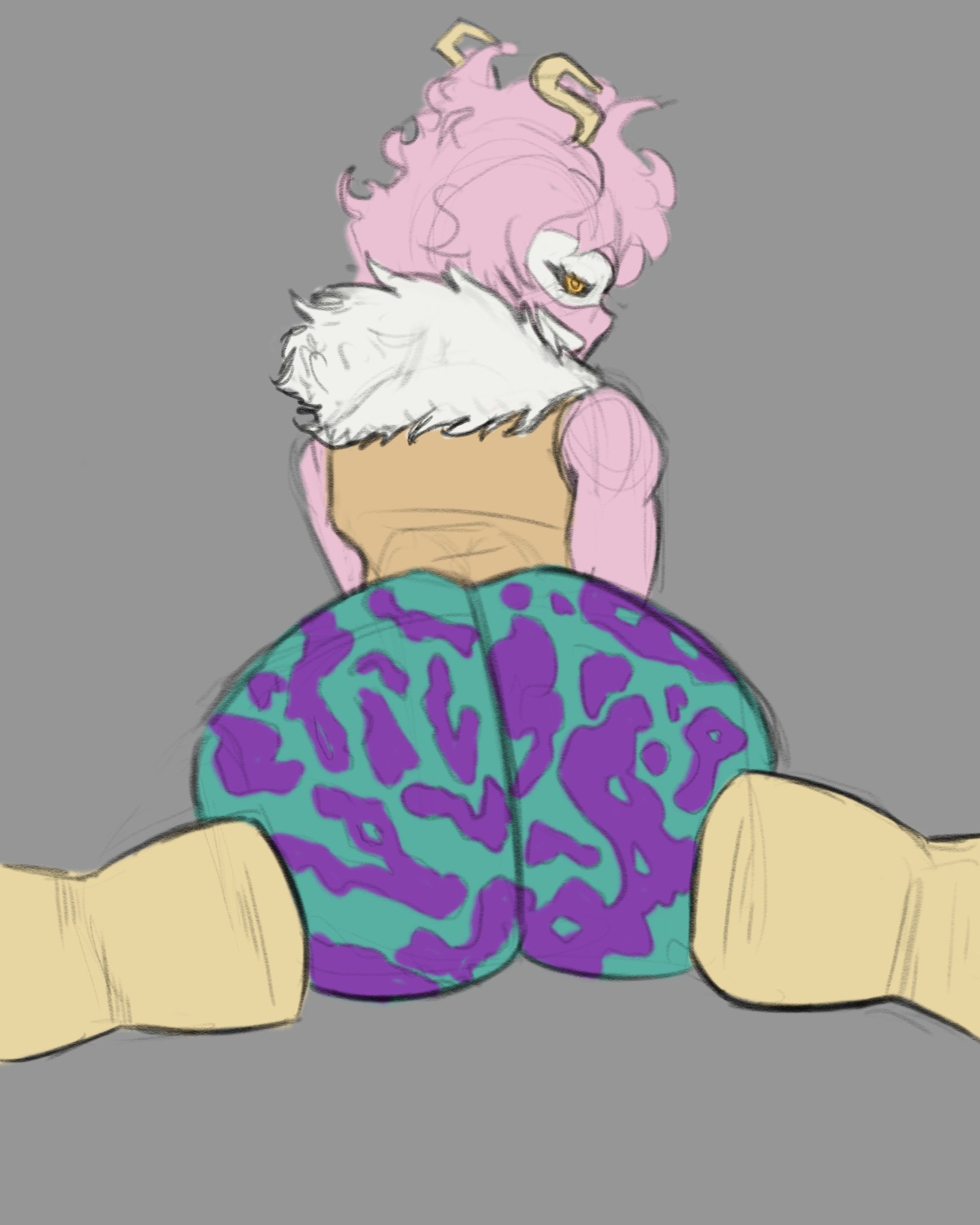 1girls, ass, ass focus, big ass, big butt, black sclera, boku no hero academia, bubble ass, bubble butt, butt focus, fat ass, female, female focus, female only, hero costume, hero outfit (mha), heroine, horns, huge ass, huge butt, large ass, large butt, looking at viewer, looking back, looking back at viewer, mask, mina ashido, my hero academia, pink body, pink hair, pink skin, pink skinned female, rear view, short hair, solo, solo female, solo focus, superbone, teenager, thick ass, yellow eyes
