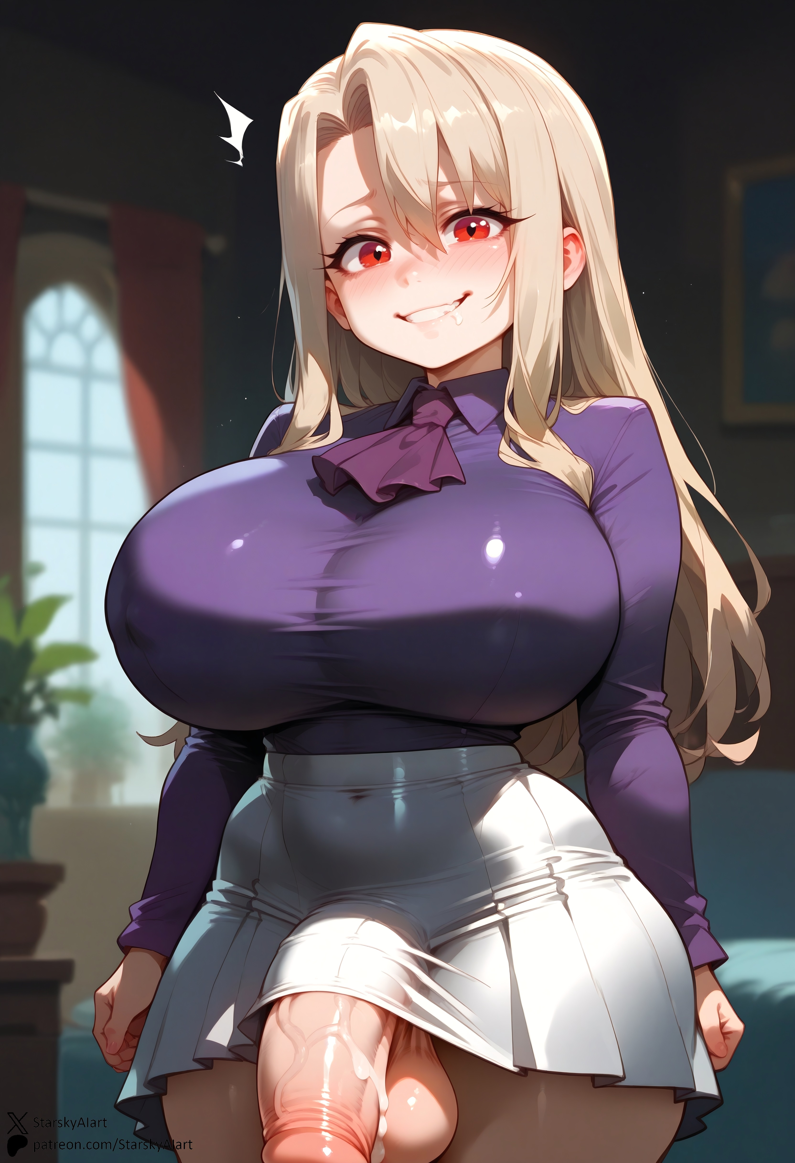 1futa, ai generated, alternate breast size, balls, big breasts, blush, breasts, cum, cumdrip, embarrassed, fate (series), flaccid, futa only, futanari, huge balls, huge breasts, huge cock, illyasviel von einzbern, intersex, large breasts, looking at viewer, penis, self upload, smile, solo futa, starskyai, thick thighs