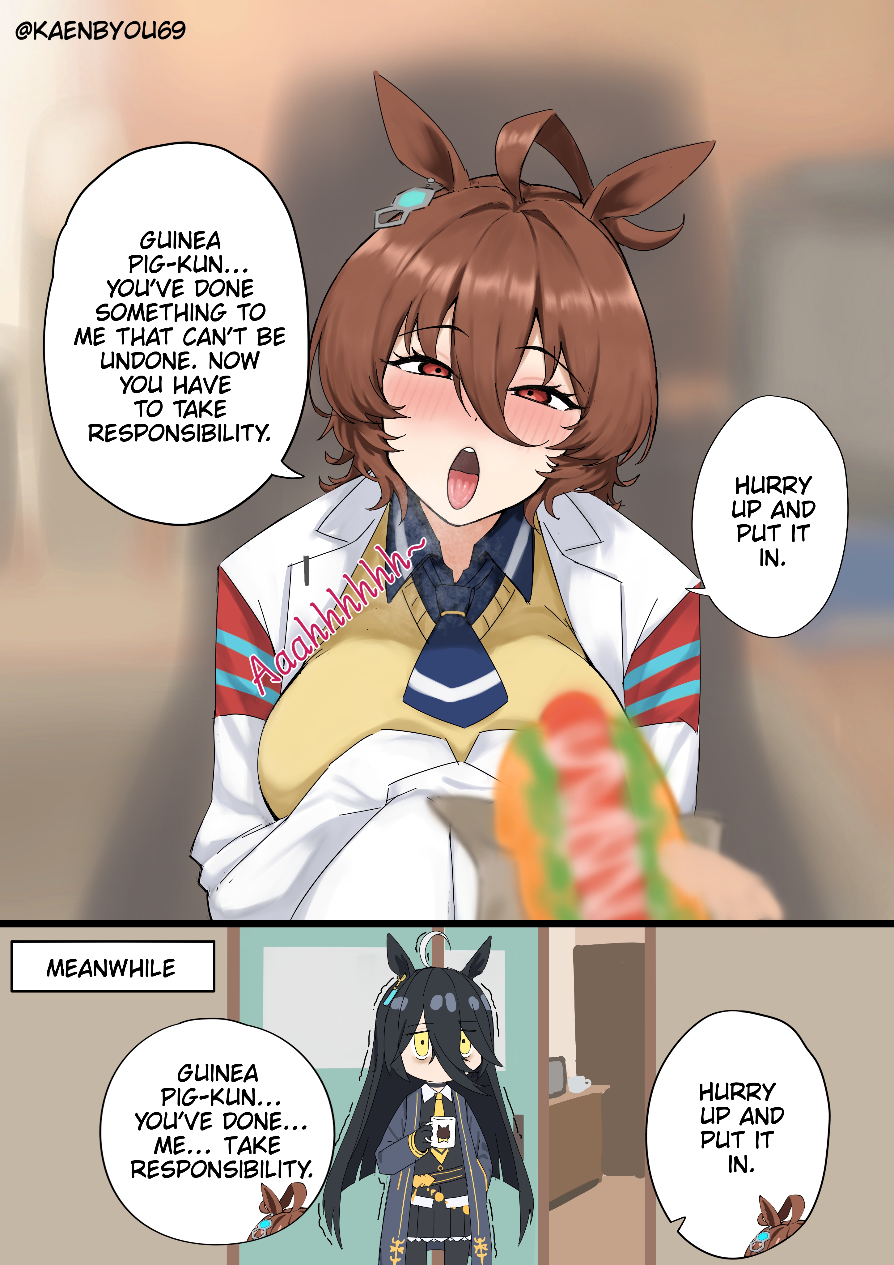 1boy, 2girls, absurdres, agnes tachyon (umamusume), ahoge, animal ears, big breasts, black hair, blush, breasts, brown hair, coffee mug, cup, english text, hair between eyes, heavy breathing, highres, horse ears, horse girl, hot dog, kaenby0u69, large breasts, long hair, manhattan cafe (umamusume), mug, multiple girls, open mouth, pov, red eyes, sexually suggestive, shaking, short hair, suggestive, tongue, tongue out, umamusume, umamusume pretty derby, very long hair, yellow eyes
