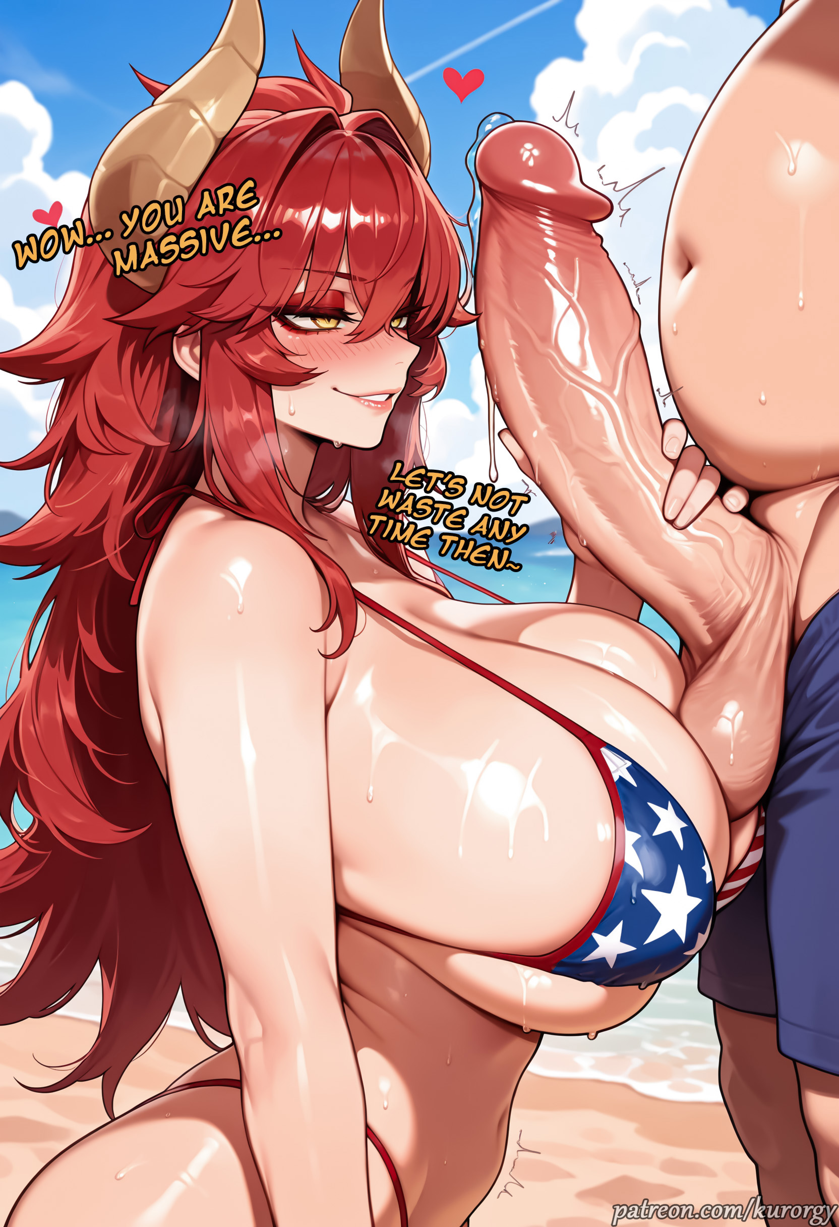1boy, 1girl, ai generated, american flag bikini, beach, bikini, blush, breasts, dragon horns, english text, erection, flag print, hetero, horns, huge breasts, kurorgy, large penis, long hair, penis, red hair, smile, sweat, swimsuit, testicles, uncensored, veiny penis, virtual youtuber, vtuber, yellow eyes, zentreya, zentreya (dragon)
