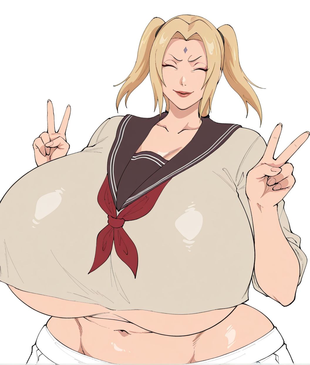 1girls, ai generated, big breasts, blonde, blonde female, blonde hair, blonde hair female, blonde-haired female, boruto: naruto next generations, closed eyes, curvy, curvy body, curvy female, curvy figure, evil smile, female, female only, gilf, huge breasts, large breasts, light skin, light-skinned female, long hair, looking at viewer, mature female, milf, naruto, naruto (classic), naruto (series), naruto shippuden, peace sign, polite, school uniform, seductive, seductive look, seductive smile, shiny, shiny skin, smile, solo, solo female, tsunade, twintails