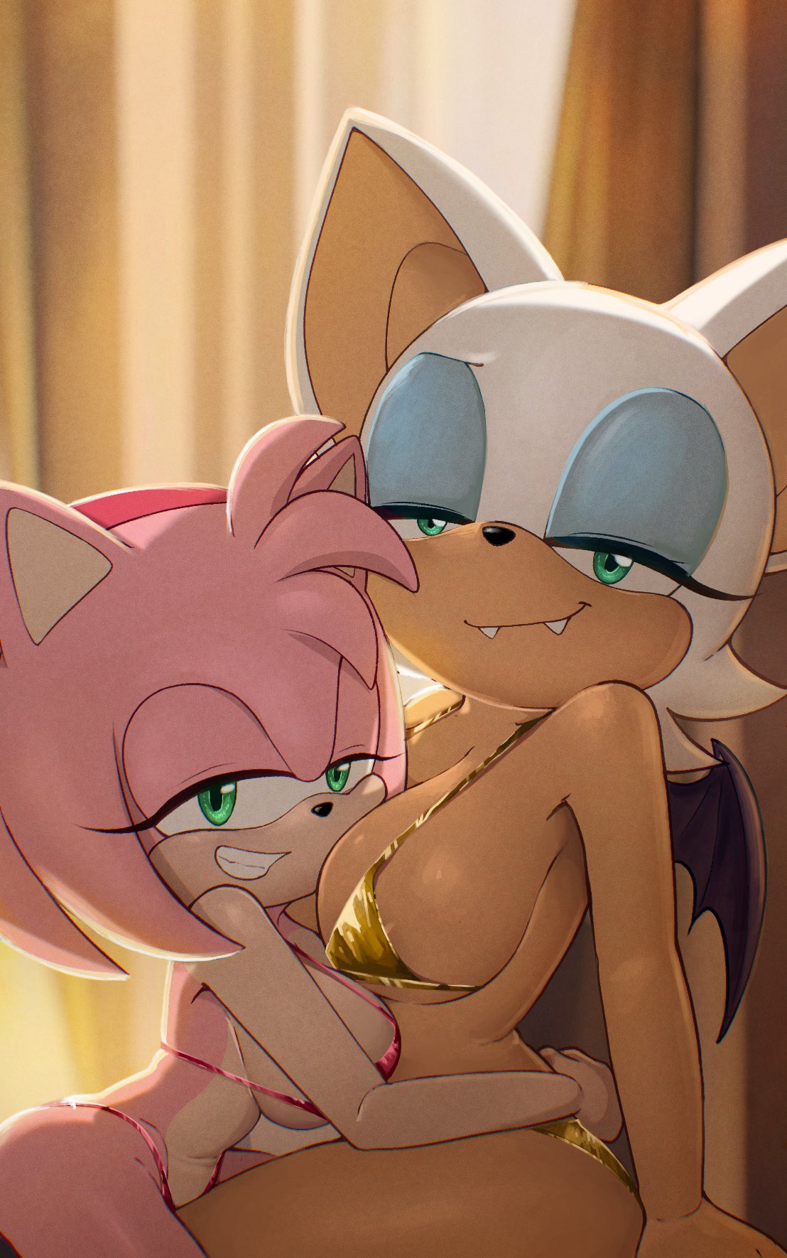 2girls, amy rose, bat wings, big breasts, bikini, curtains, fangs, female, furry, furry female, gold bikini, hug, rouge the bat, sega, sonic (series), sonic team, sonic the hedgehog (series), string bikini