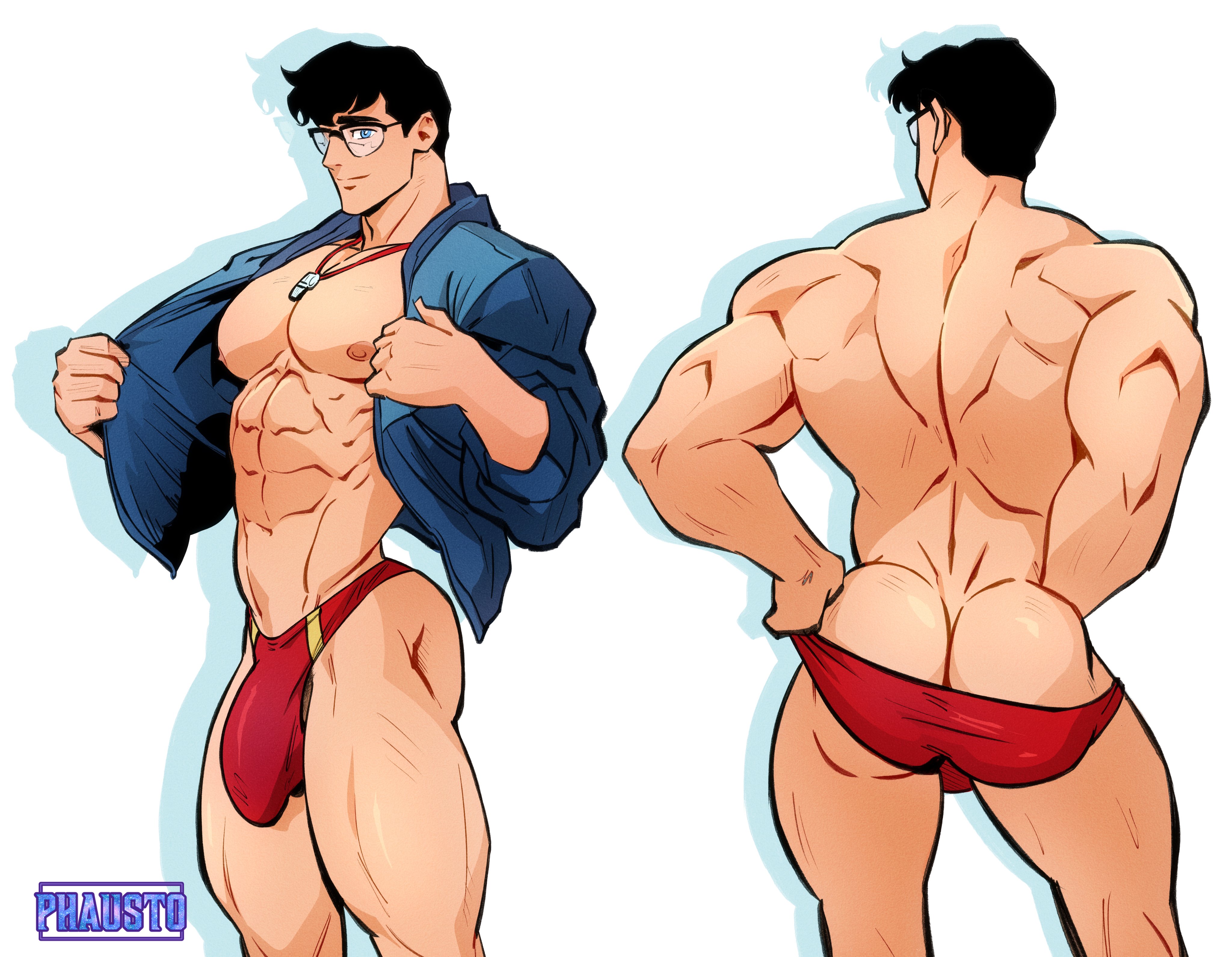 abs, ass, back view, bara, big ass, big bulge, big butt, big pecs, bulge, butt, clark kent, clark kent (my adventures with superman), dc, dc comics, glasses, male, male focus, male only, muscular, muscular male, muscular thighs, my adventures with superman, nipples, pecs, phausto, solo, solo focus, solo male, speedo, standing, superman, superman (clark kent), superman (series)