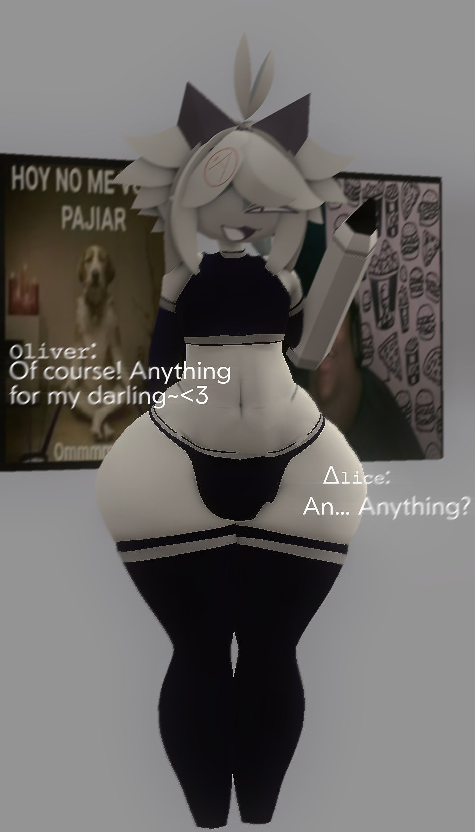 alice (fundamental paper education), arm behind back, artist request, black booty shorts, black crop top, black gloves, black stockings, black thighhighs, black underwear, booty shorts, bulge, bulge through clothing, crop top, curvy figure, dangerous forest, dialogue, elbow gloves, femboy, fpe, fundamental paper education, gloves, horns, hourglass body, hourglass figure, machine girl (kaaatie), oliver (fundamental paper education), one eye visible, open mouth, pencil, prostethic arm, slim waist, stockings, thick thighs, thighhighs, underwear