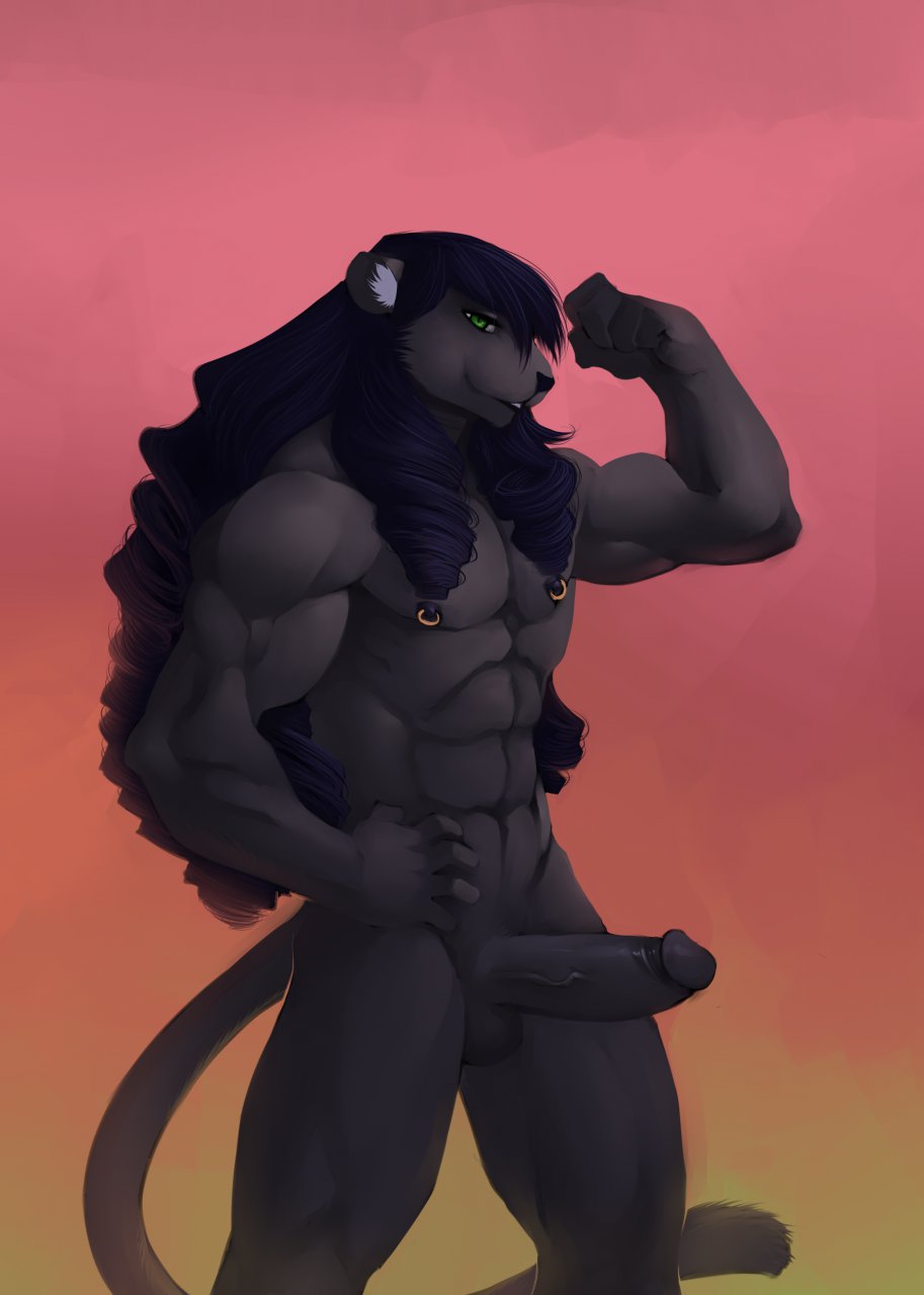 abs aidan anthro anthro_only balls big_penis black_hair erection faint feline flexing fur furry green_eyes hair long_hair male mammal nipple_piercing nipples nude panther penis piercing pose retracted_foreskin uncut vein