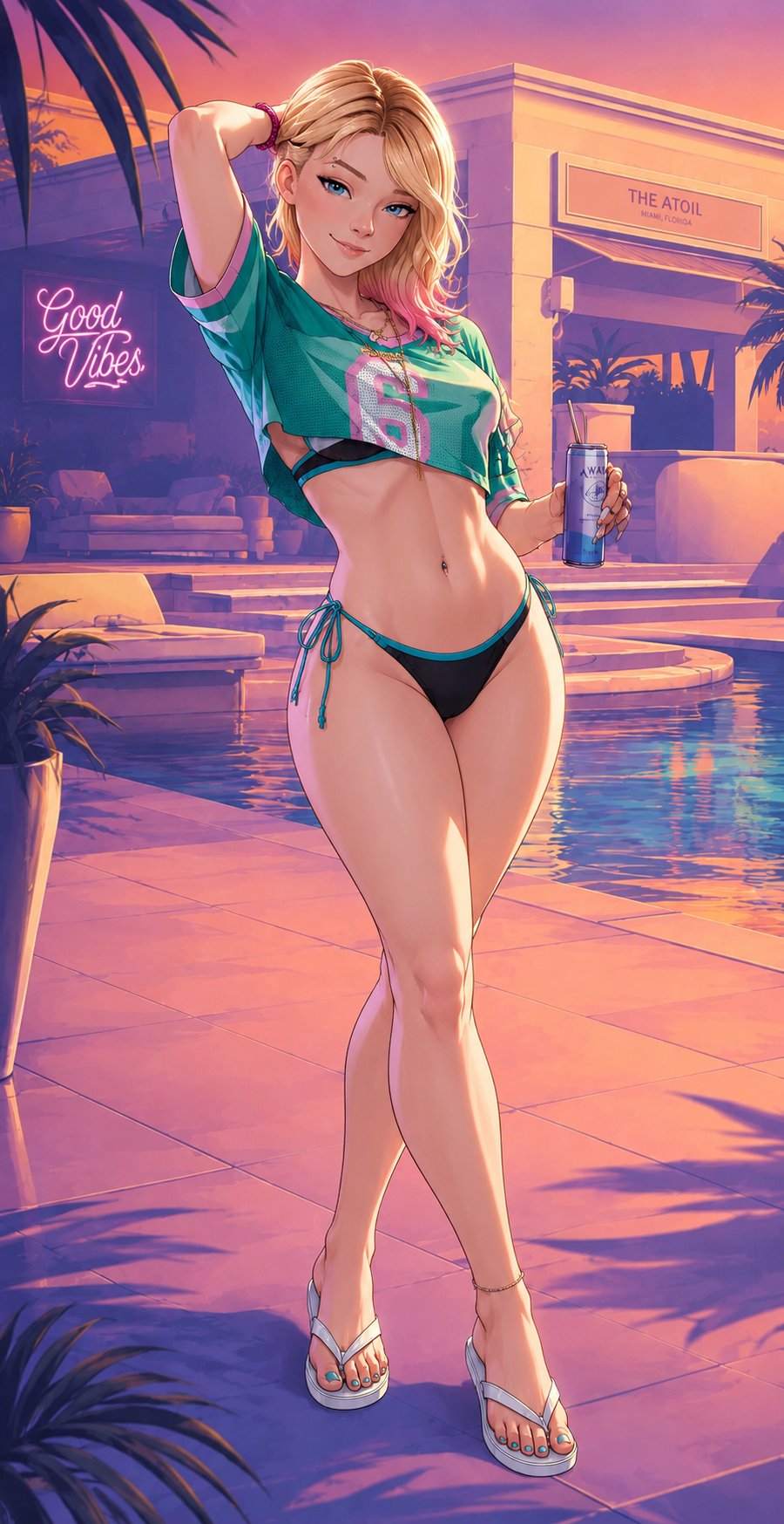 ai generated, bangs, bangs over one eye, bare legs, bare thighs, belly button, bikini, blonde female, blonde hair, comic, cosplay, cosplaying as character, crop top, exposed midriff, flip flops, grand theft auto vi, gta vi cover girl, gwen stacy, gwen stacy (spider-verse), hourglass figure, hourglass figured female, looking at viewer, marvel, midriff, painted toenails, pink hair, posing, posing for the viewer, slim waist, teenage girl, teenager, two-tone hair, video game character, wide hips