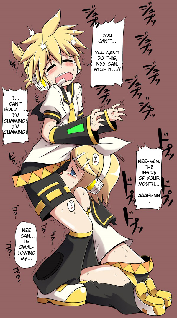 blonde_hair blue_eyes blush celebi_ryousangata cum cum_in_mouth cum_inside deepthroat fellatio female hard_translated kagamine_len kagamine_rin open_mouth oral penis saliva sforce swallowing tears translated vocaloid