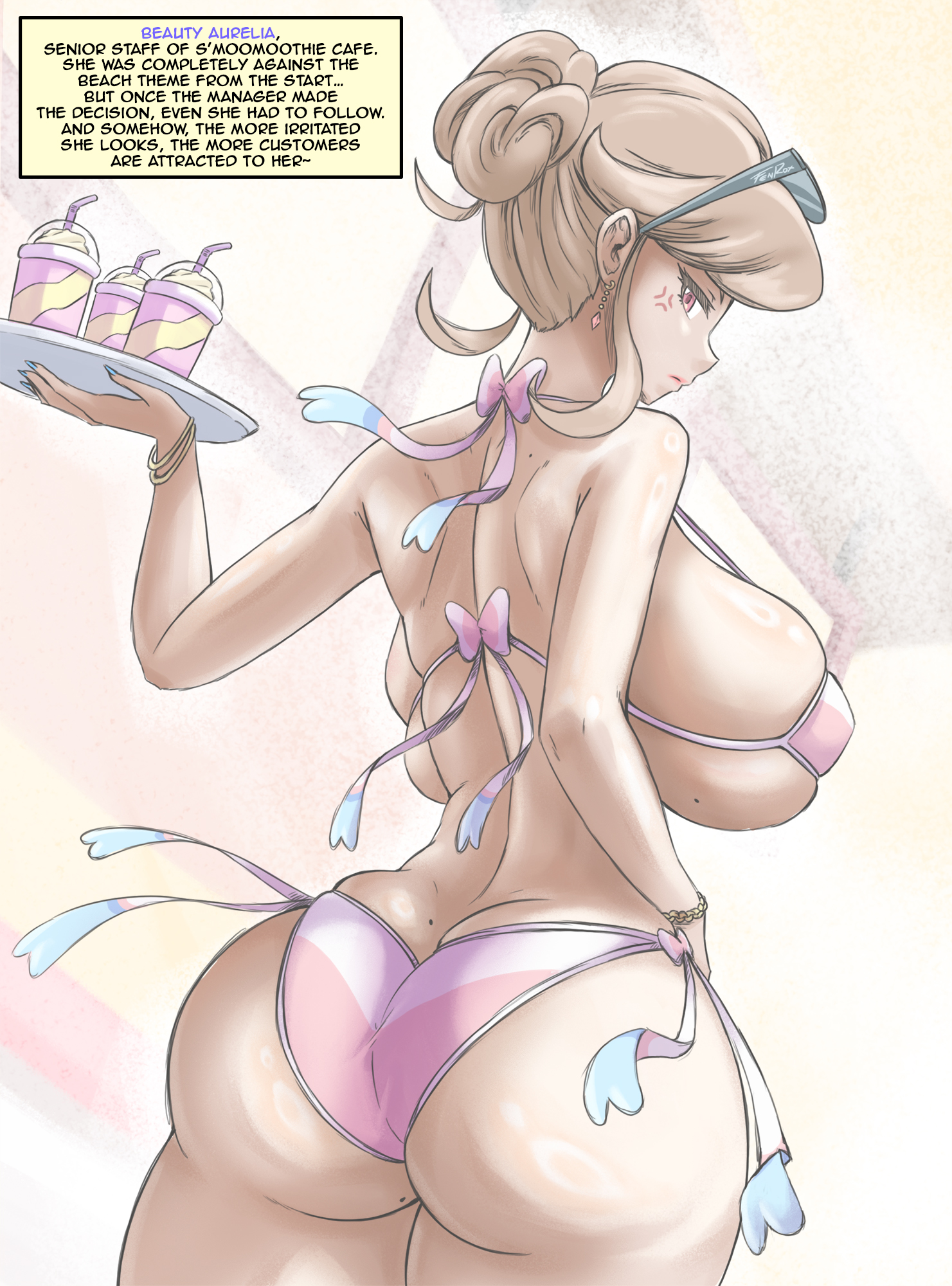 1girls, 2026, angry, ass, backboob, beautiful woman, beauty (pokemon xy), beauty (pokemon), big ass, big breasts, bikini, blue nails, fenrox, heavenly ass, mature woman, nail polish, npc trainer, oc, pokemon, pokemon xy, skindentation, solo, solo female, swimsuit, tagme, themed swimsuit, thick ass, waitress