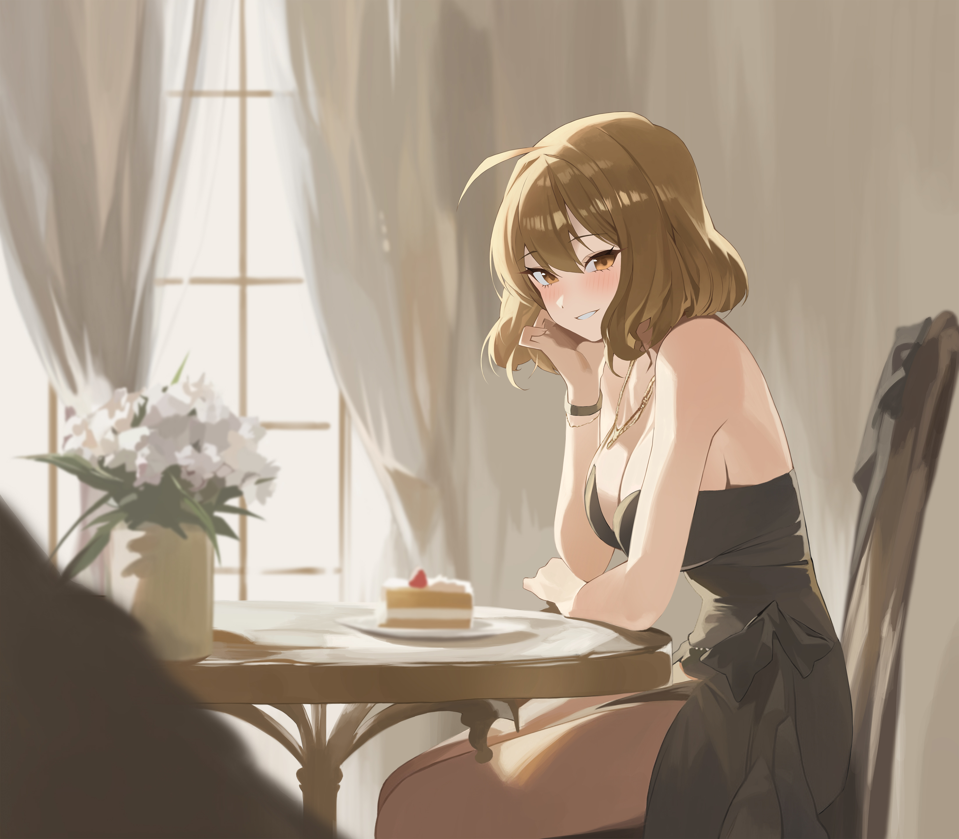 1girl, 1girls, absurd res, ahoge, anis (nikke), artist request, breasts, cake, chair, cleavage, dress, female, female focus, food, goddess of victory: nikke, highres, indoors, on chair, sitting, smile, solo, solo female, table, thighs