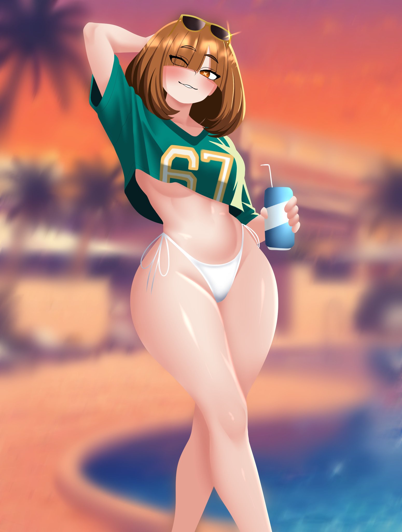 bangs over one eye, big breasts, blush, brainrot, crop top, gabrielvizari, gta vi cover girl, komori kinoko, looking at viewer, midriff, my hero academia, thick thighs, underboob, white bikini bottom, wide hips