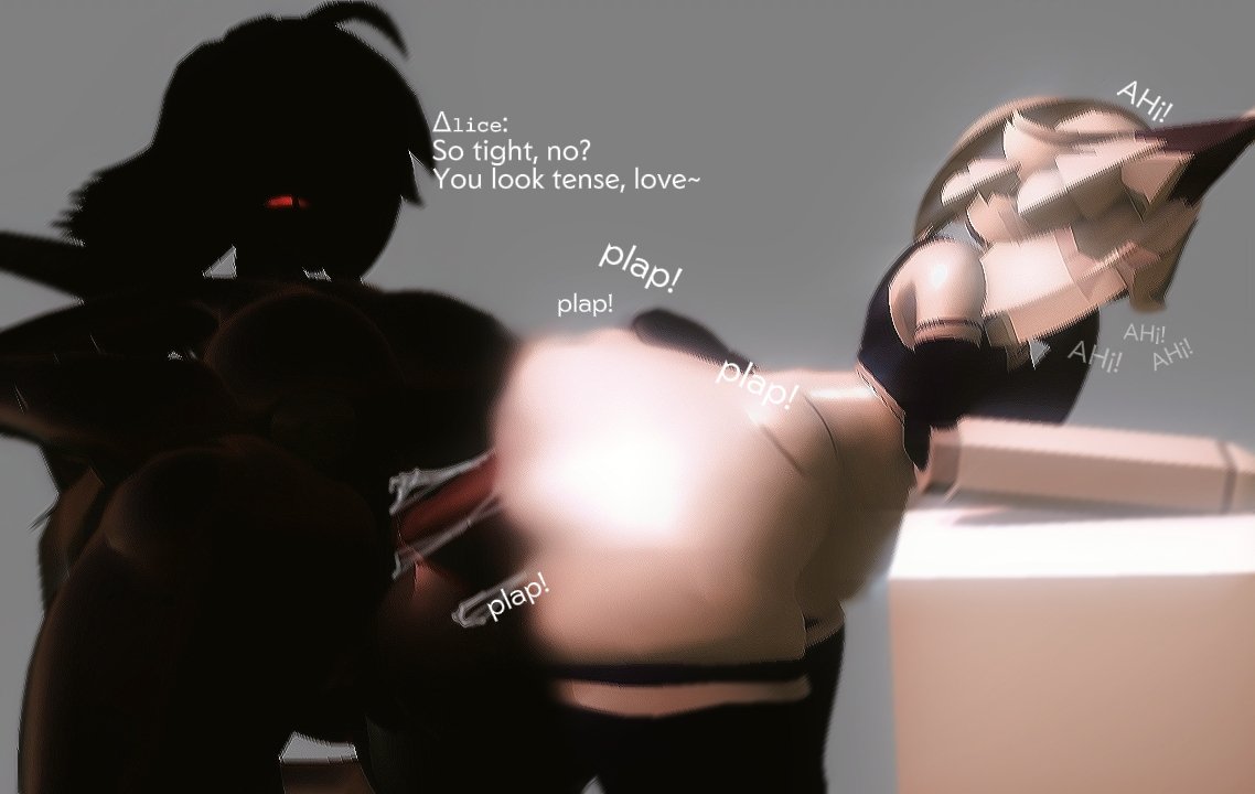 ahoge, alice (fundamental paper education), anal, anal sex, artist request, bent over, bent over table, black body, black cock, black crop top, black thighhighs, bulging belly, cum, dangerous forest, demon, female on femboy, femboy, fundamental paper education, futa, futa on femboy, futanari, hand on ass, hand on waist, horns, huge breasts, machine girl (kaaatie), moaning, oliver (fundamental paper education), plap, precum, prosthetic, prosthetic arm, prosthetic limb, red eyes, sex, sex from behind, side view, stomach bulge, striped elbow gloves, striped thighhighs, thighhighs, white body, white hair