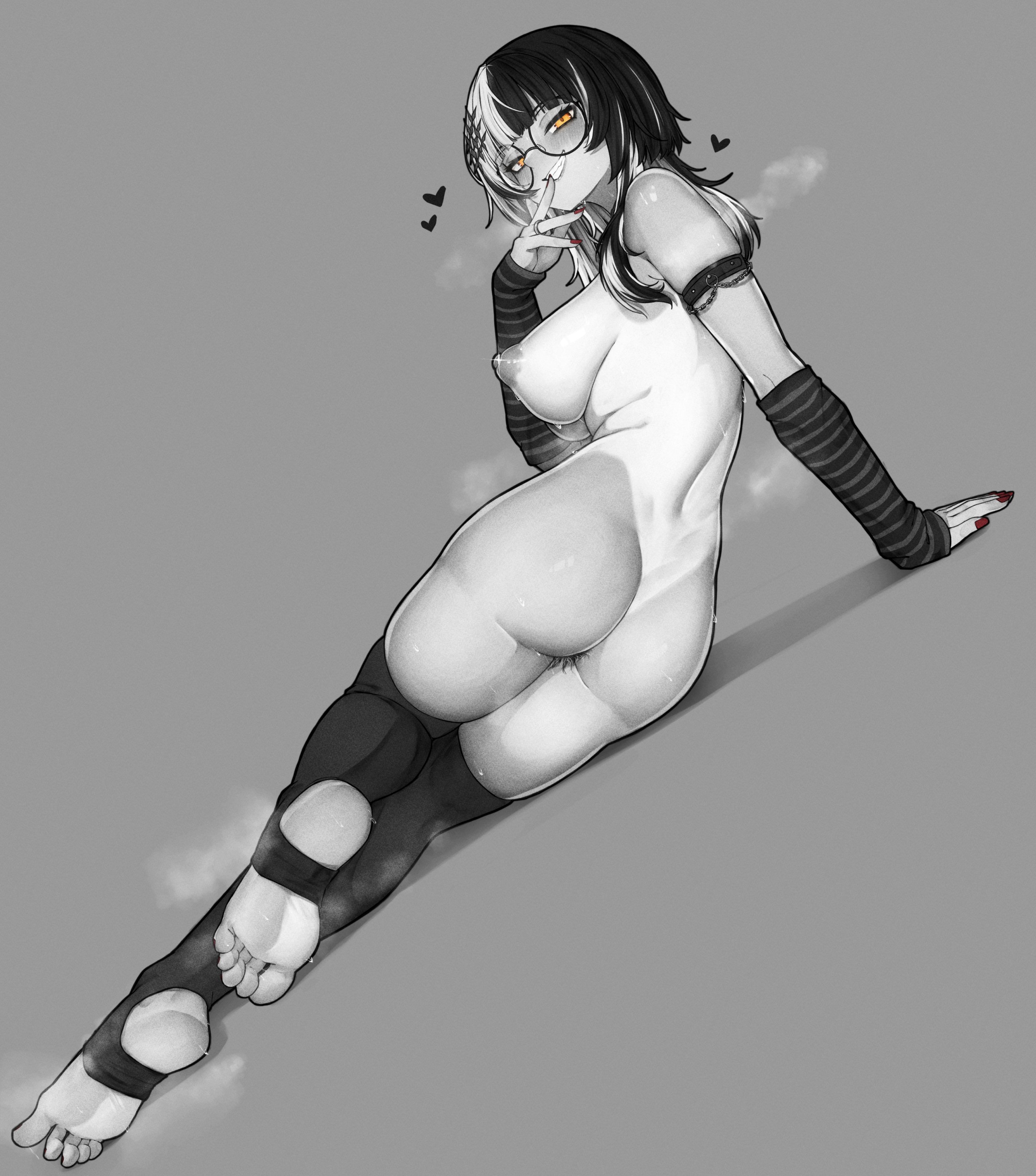 1girls, arm warmers, ass, big breasts, black hair, blush, bottomless, breasts, female, female only, glasses, greyscale, heart, hololive, hololive english, hololive english -advent-, large breasts, limited palette, long hair, looking at viewer, looking back, monochrome, multicolored hair, naked, nipples, nude, pubic hair, pubic hair peek, reclining, shiori novella, sideboob, smile, soles, steam, steaming body, stirrup legwear, sweat, sweatdrop, tanline, tanlines, thighhighs, topless, varniskarnis, virtual youtuber, white hair, yellow eyes