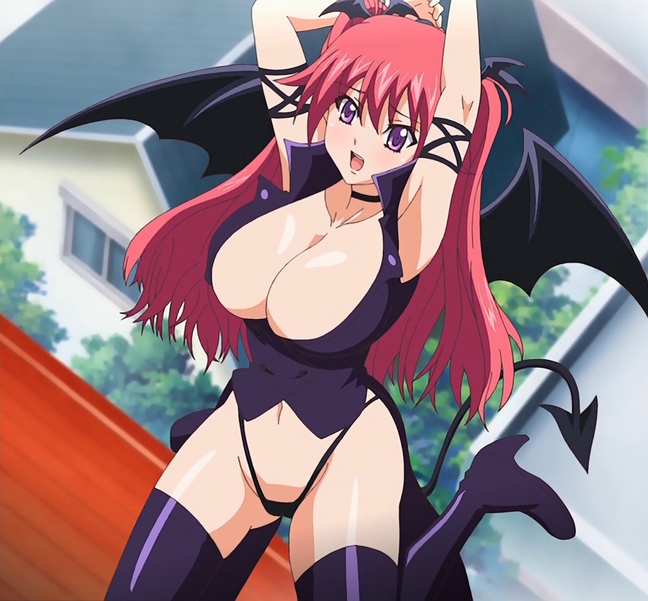 10s, 2010s, 2013, 2d, animated, anime screencap, black wings, boots, building, collaboration works, demon, demon girl, demon tail, demon wings, female, firika mia shatana, flying, fully clothed, grand cru, head wings, long hair, monster girl, nuki doki! tenshi to akuma no sakusei battle, nukidoki!, ova, poro, purple eyes, red hair, rooftop, screen capture, screencap, screenshot, succubus, succubus costume, succubus outfit, succubus tail, succubus wings, tagme, tail, thigh boots, thighhighs, tied hair, twintails, wings