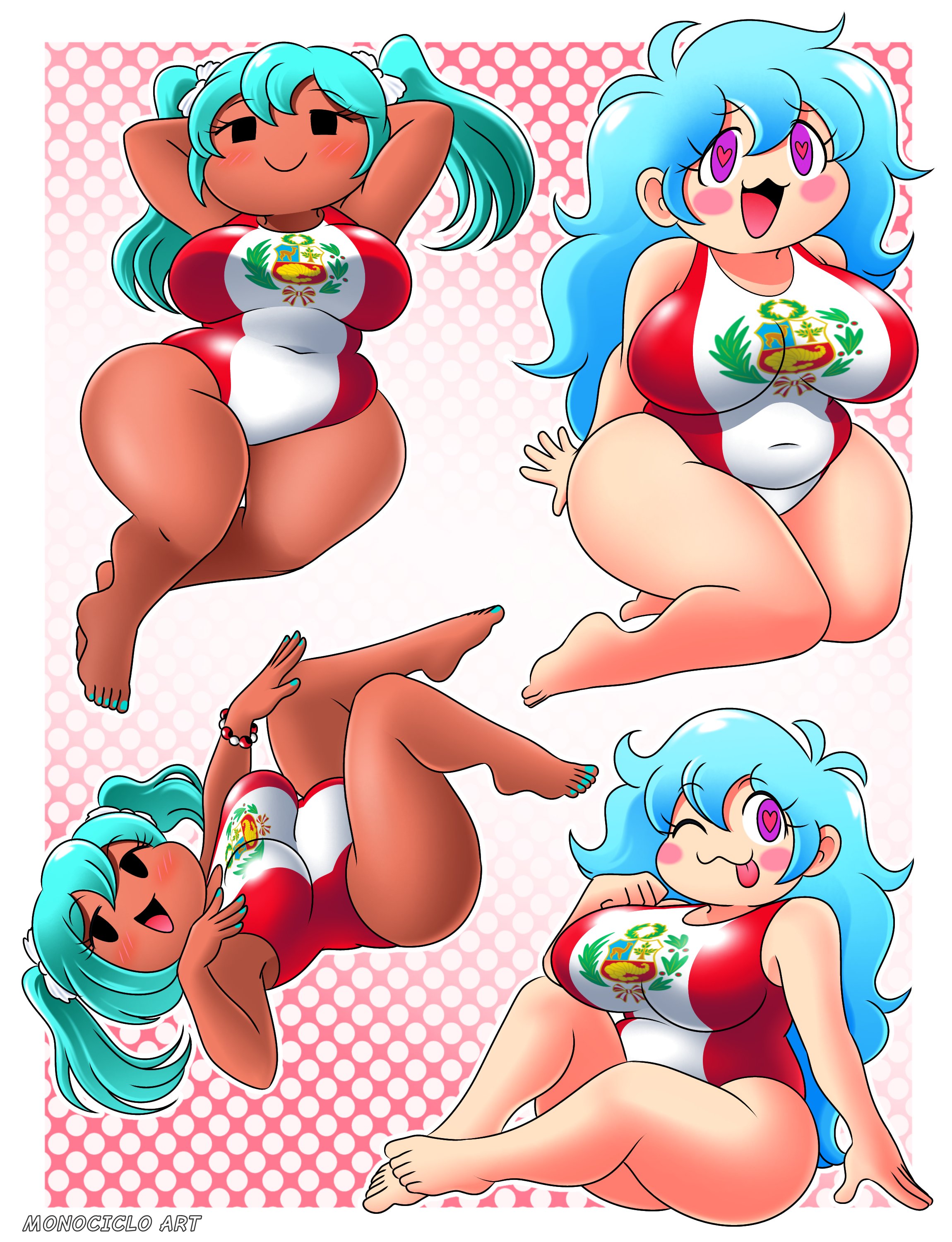 2026, 2d, 2girls, big breasts, blue hair, crossover, curvy, dark skin, dark-skinned female, female, female only, friday night funkin, friday night funkin mod, hair, hatsune miku, heart, heart-shaped pupils, light skin, light-skinned female, monociclo art, one-piece swimsuit, painted nails, peruvian female, peruvian miku, skyblue, skyverse, swimsuit, swimwear, thick thighs, thighs, tongue, tongue out, vocaloid