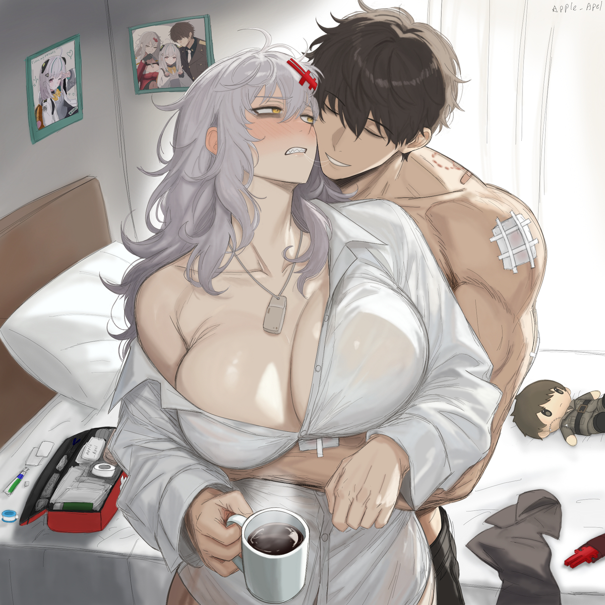 1boy, 1girls, apple apel, bandaid, bed, bedroom, big breasts, bite mark, blush, blush lines, blushing, blushing female, brown hair, coffee, coffee cup, coffee mug, color, commander (nikke), dogtag, doll, eyebrows, eyebrows visible through hair, female, fingers, goddess of victory: nikke, hands, male, nikke, pillow, revealing outfit, saliva, saliva string, saliva trail, sharp teeth, shirtless male, smile, straight, tagme, white hair, wholesome, yellow eyes, yulha, yulha (nikke)