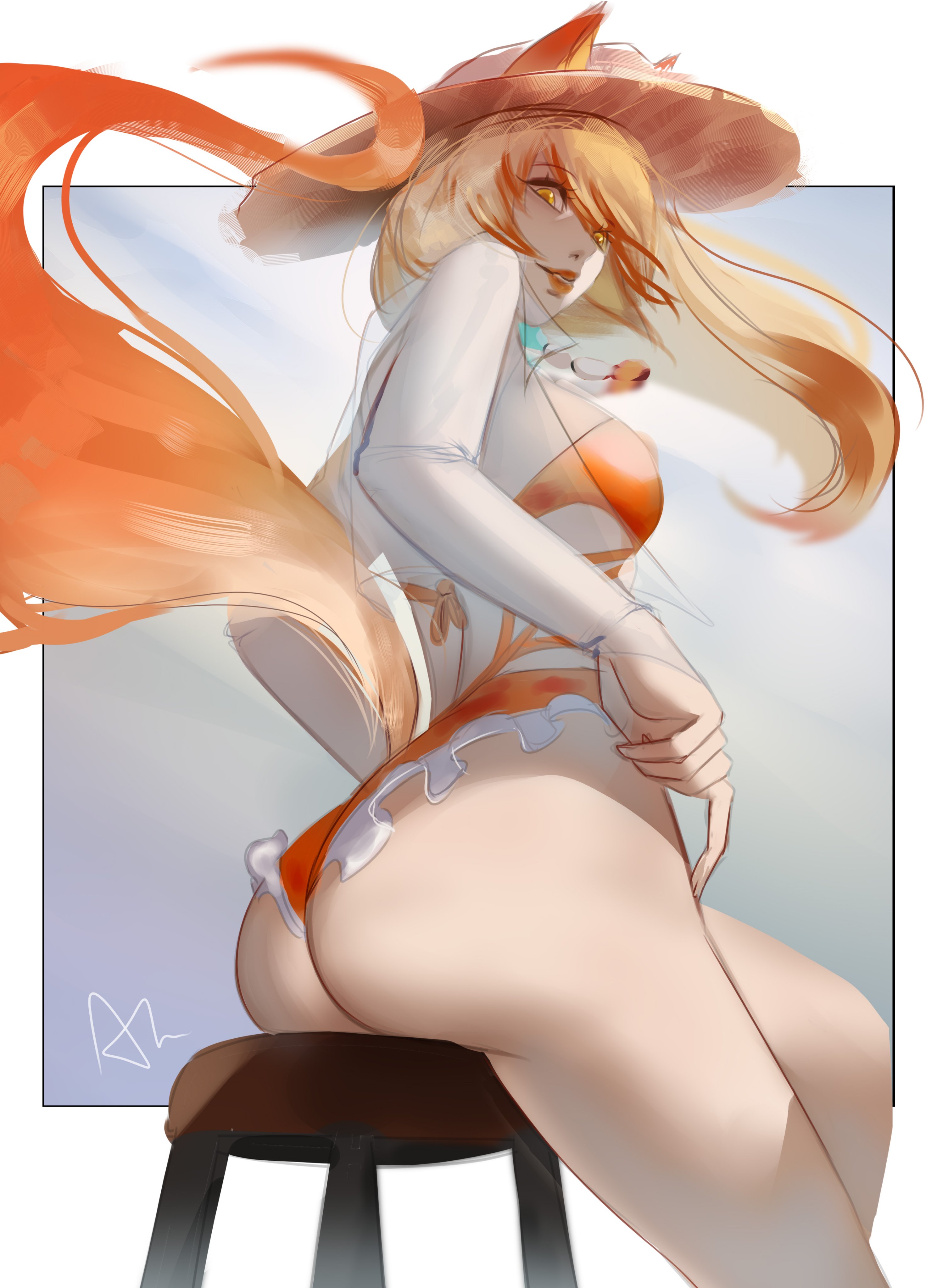 2d, arialla draws, ass, big ass, bikini, clothed, female, female only, fully clothed, looking back, marvel, marvel rivals, solo, swimsuit, thick thighs, white fox (coastal kumiho), white fox (marvel rivals), white fox (marvel)