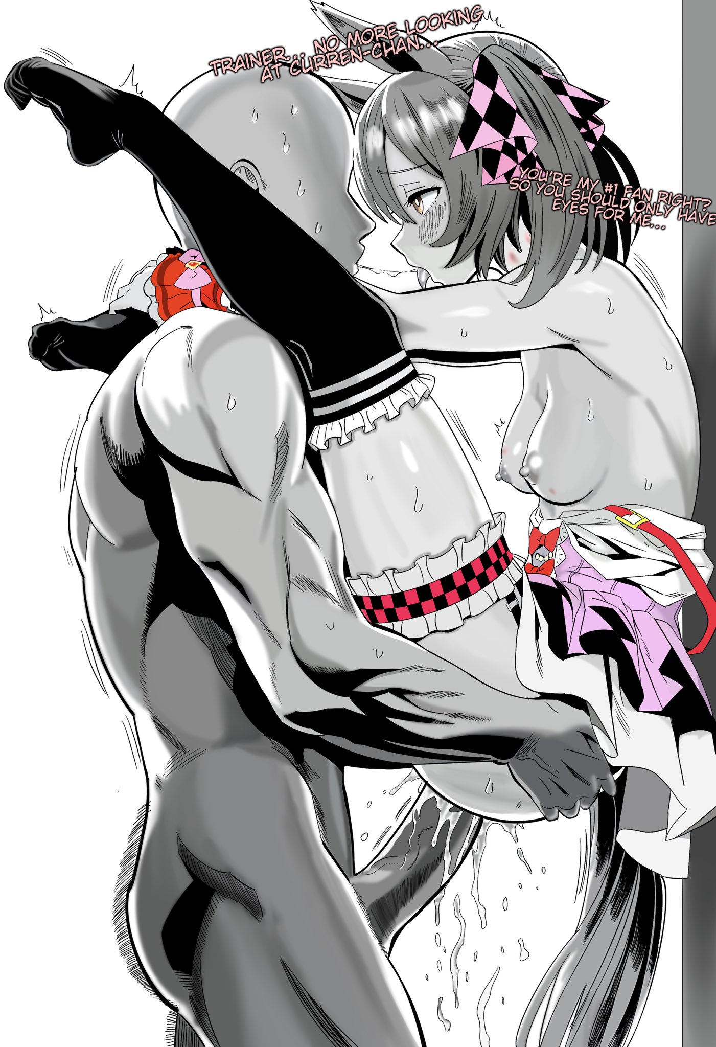 1boy, 1girl, blush, carrying person, carrying position, clothed female nude male, commission, cum in pussy, cum overflow, english text, from side, hetero, horse ears, horse girl, horse tail, kunitoro, kunitoro (artist), looking at another, medium breasts, nipples, penis, sex, smart falcon (umamusume), suspended congress, thick thighs, thighhighs, toe curl, tongue out, twintails, umamusume, umamusume pretty derby