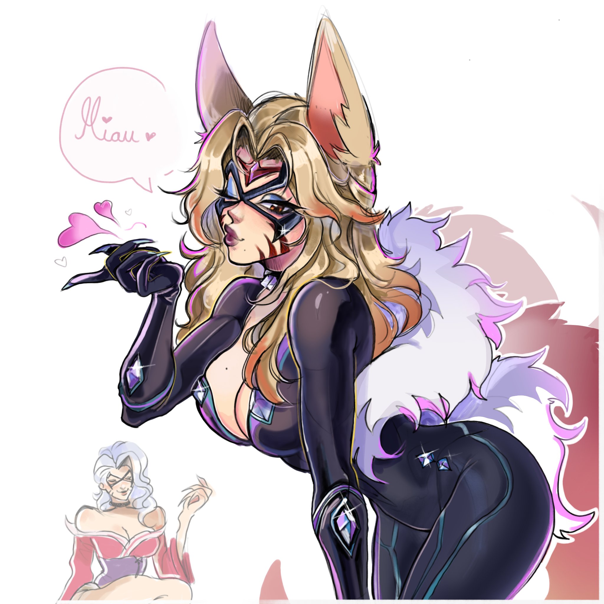 2026, 2d, 2girls, ahri, ahri (cosplay), ahri (league of legends), alluring, big breasts, black cat (cosplay), black cat (marvel rivals), black cat (marvel), blonde, blonde female, blonde hair, bodysuit, breasts, bursting breasts, child bearing hips, cleavage, clothed, color, colored, cosplay, crossover, crossover cosplay, curvaceous, curvaceous body, curvaceous female, curvaceous figure, curvaceous hips, curvaceous thighs, curvy, curvy body, curvy female, curvy figure, curvy hips, domino mask, enticing, eyemask, eyeshadow, felicia hardy, female, fox ears, fox tail, fully clothed, hips, hourglass figure, huge breasts, ladymar, large breasts, league of legends, light-skin, light-skinned female, long hair, looking at viewer, marvel, marvel comics, marvel rivals, mask, masked, masked female, massive breasts, pinup, purple lipstick, red eyes, riot games, seducing, seductive, seductive look, seductive pose, shiny, shiny clothes, skin tight, spider-man (series), superheroine, teasing, teasing viewer, temptation, tempting, tempting viewer, thick, thick breasts, thick hips, thick thighs, tight clothes, tight clothing, voluptuous, voluptuous female, waifu, white background, white fur, white hair, wide hips, wink, winking, winking at viewer