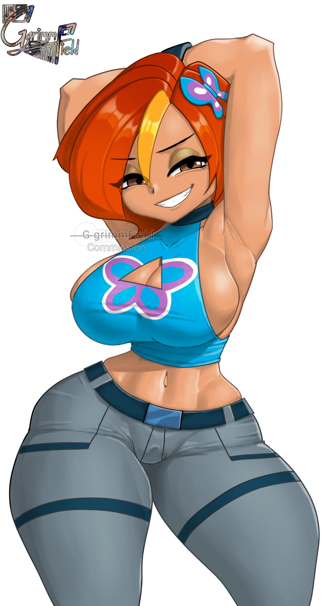 1girls, armpits, arms behind head, belly button, brown eyes, butterfly (planetronika), cleavage, cleavage window, female, ggrimmfield, looking at viewer, navel, nipple bulge, planetronika, red hair, smile, smiling at viewer, solo, thick thighs, wide hips